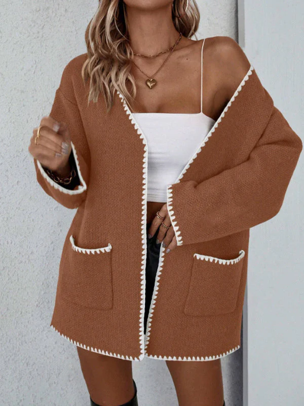 Open Front Long Sleeve Cardigan - Knit Pocket Cardigan - Image 4
