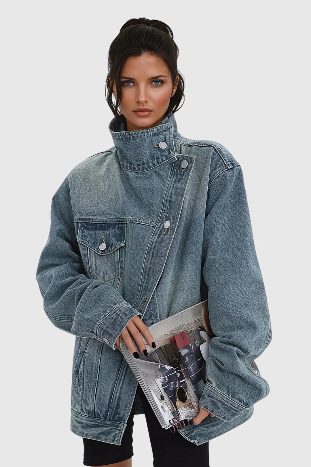 Oversized Asymmetric Button-Up Denim Jacket for Women