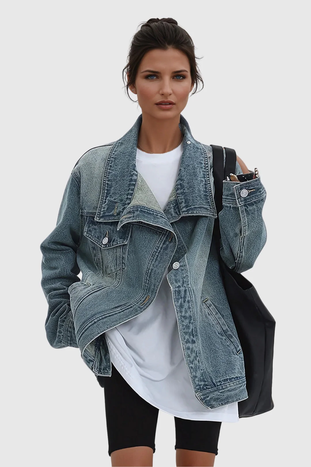 Oversized Asymmetric Button-Up Denim Jacket for Women - Image 3