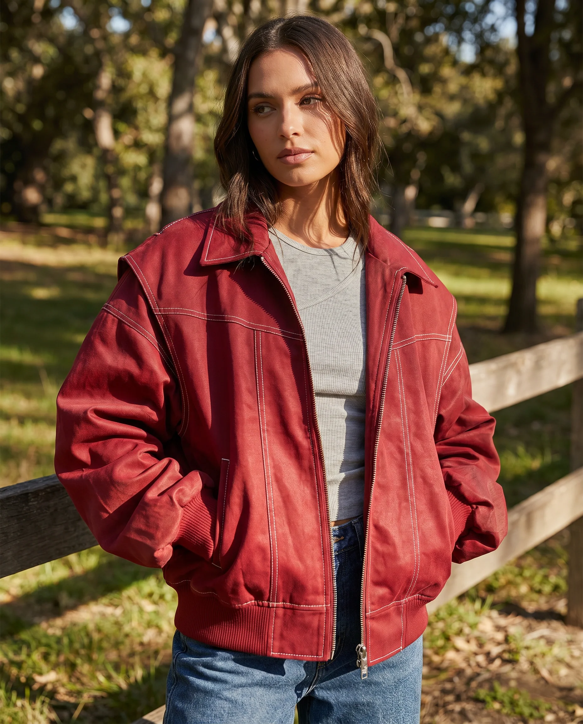 Oversized Zip-Up Bomber Jacket with Collar for Women - Image 4