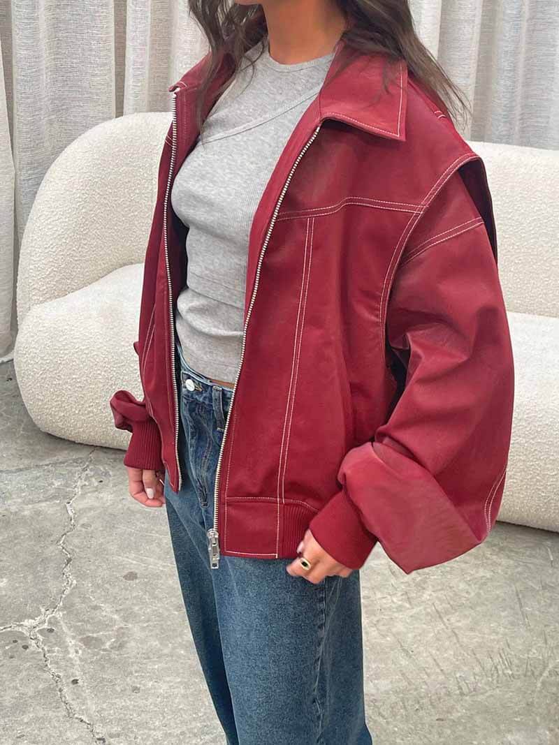 Oversized Zip-Up Bomber Jacket with Collar for Women - Image 6
