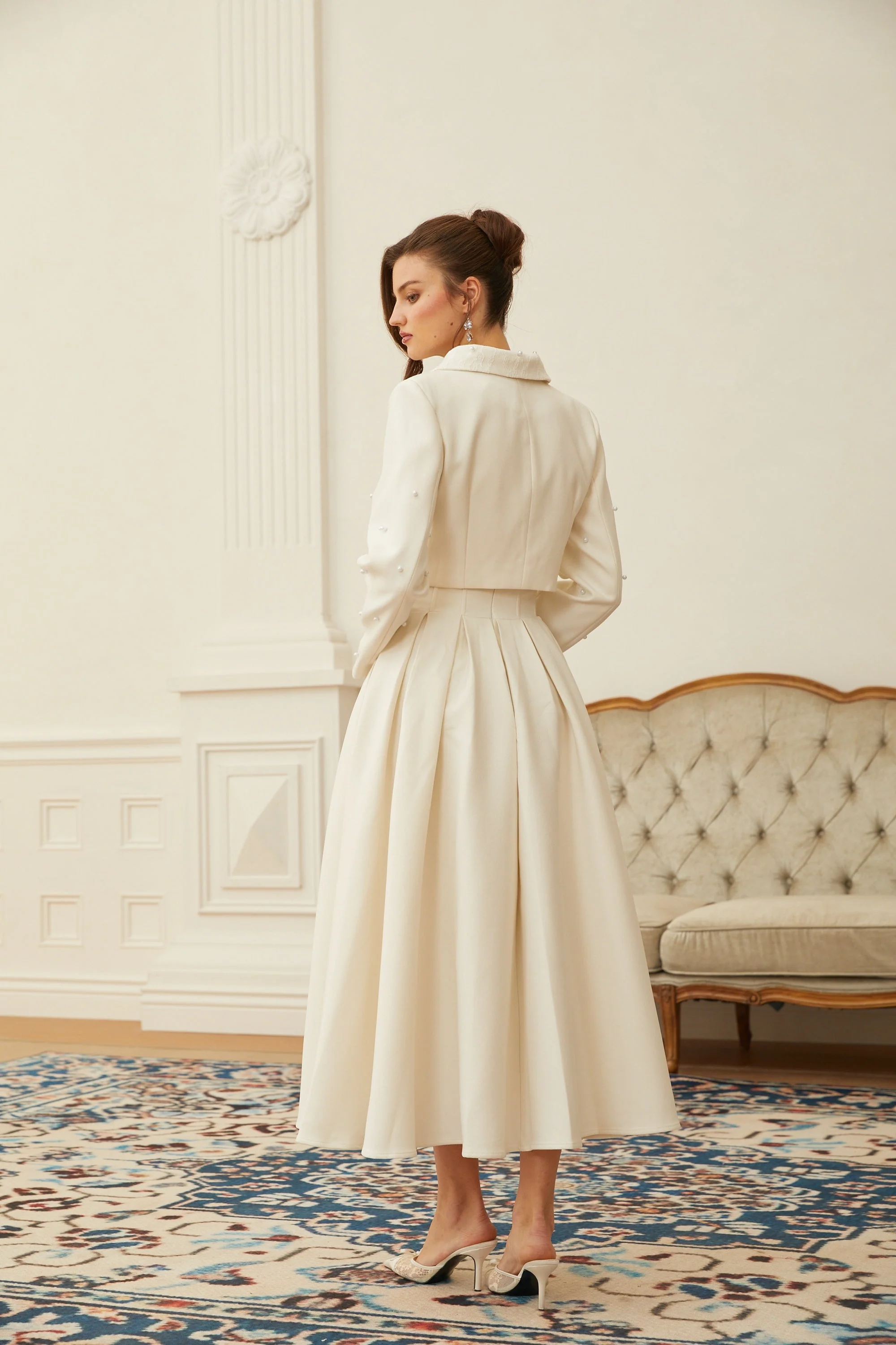 Pearl Embellished Cropped Jacket and Pleated Skirt Two-Piece Set - Image 3
