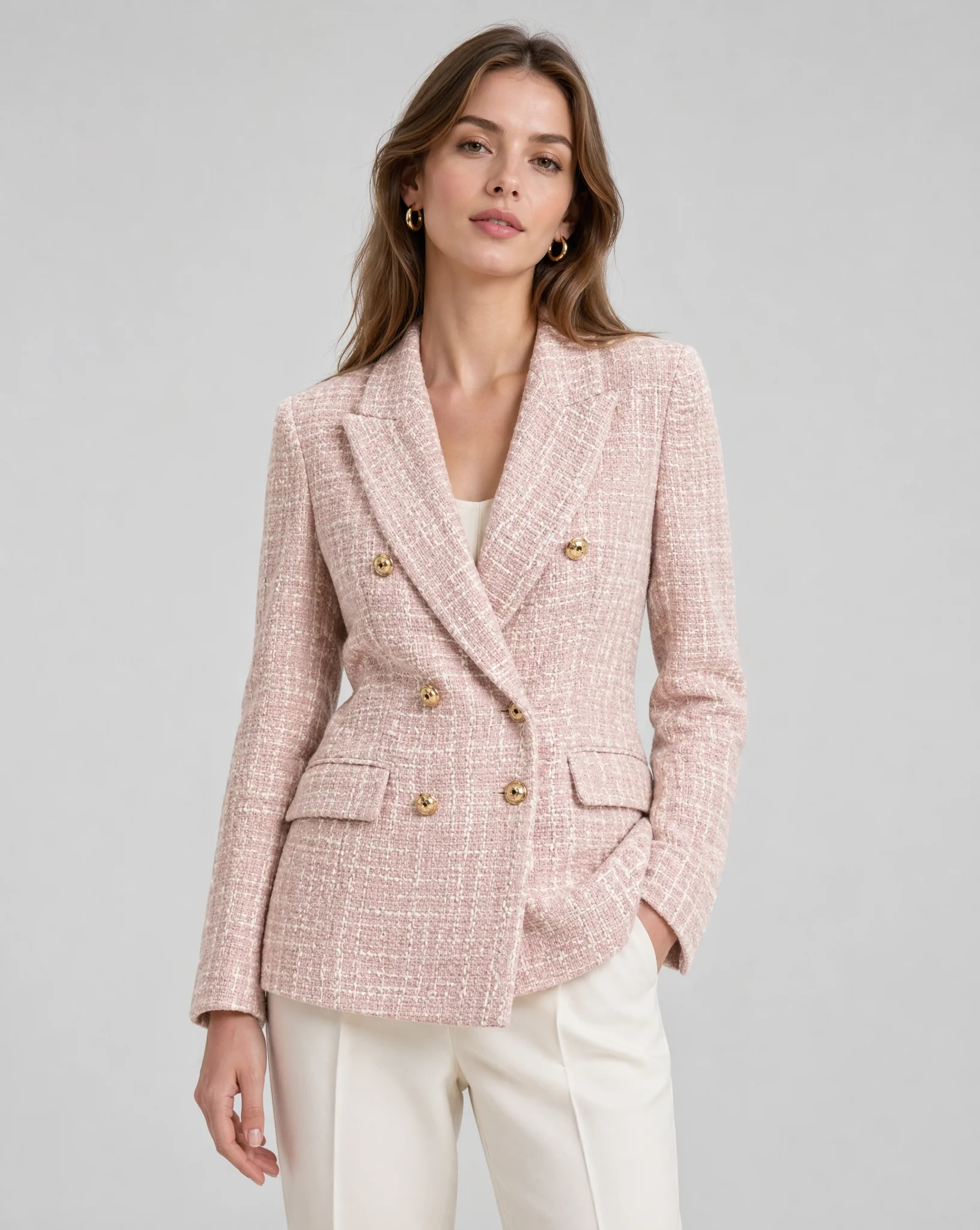 Pink Tweed Blazer with Gold Buttons – Classic Double-Breasted Jacket - Image 3