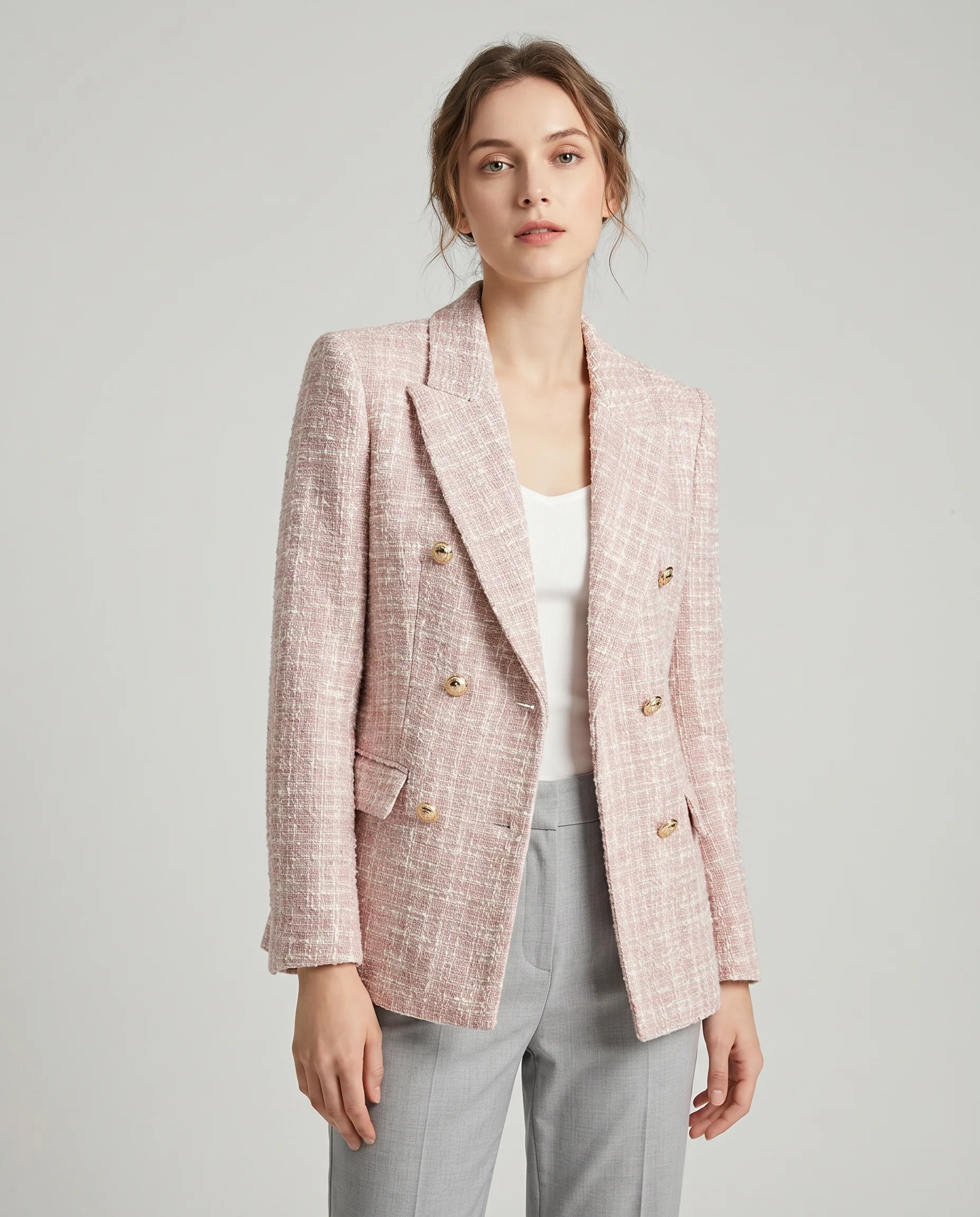 Pink Tweed Blazer with Gold Buttons – Classic Double-Breasted Jacket - Image 4