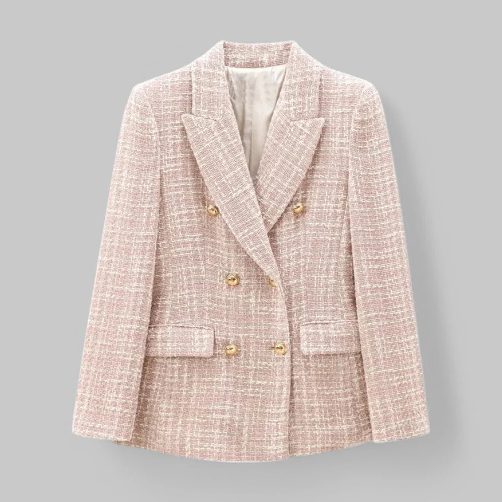 Pink Tweed Blazer with Gold Buttons – Classic Double-Breasted Jacket - Image 5
