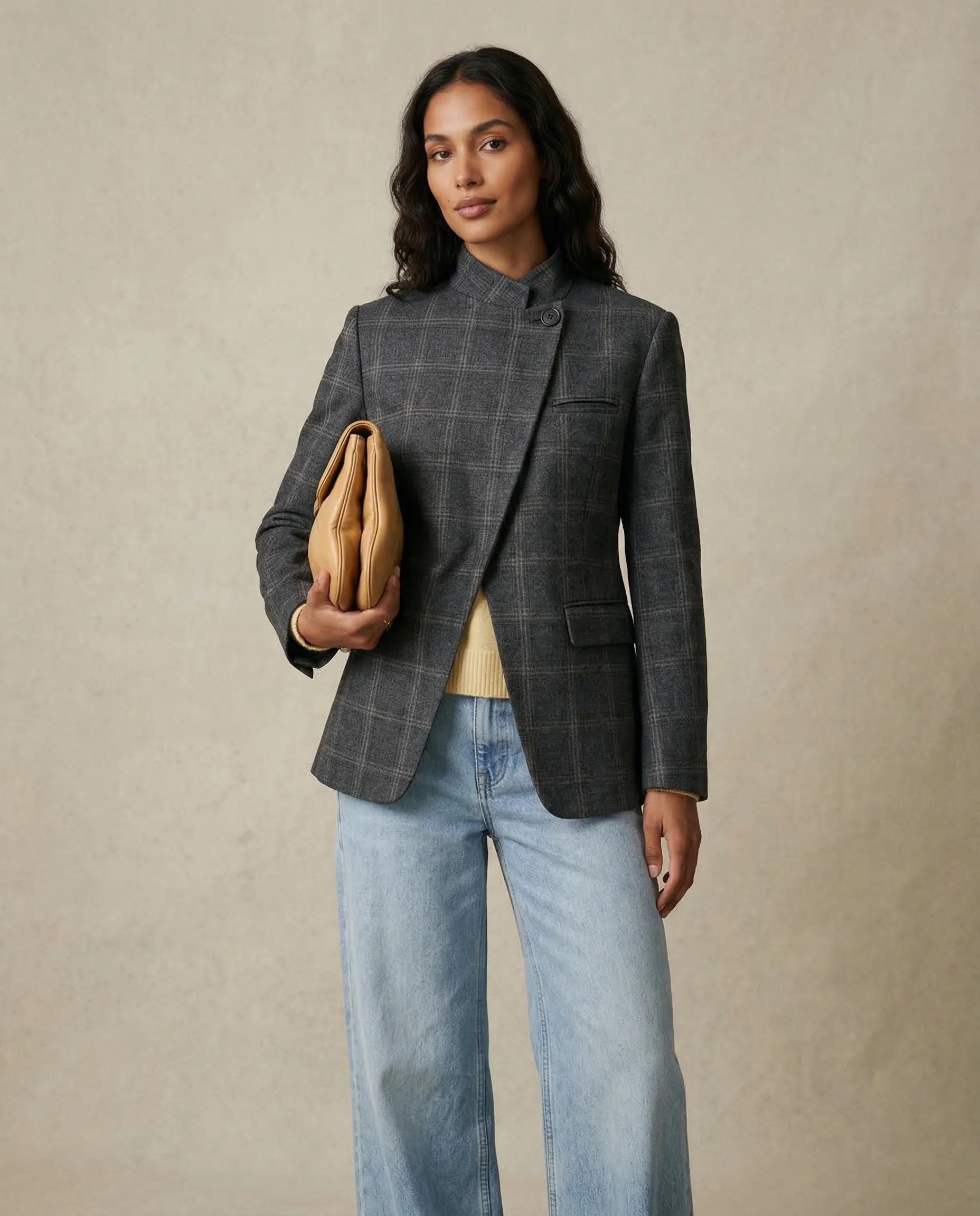 Plaid Blazer – Stylish Single Button Long Sleeve Jacket - Image 2