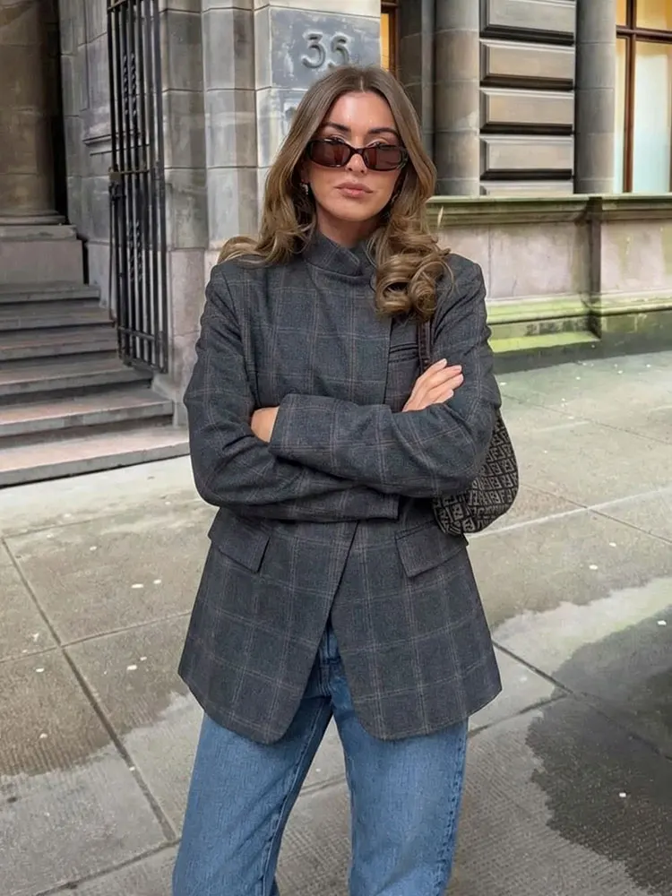 Plaid Blazer – Stylish Single Button Long Sleeve Jacket - Image 5