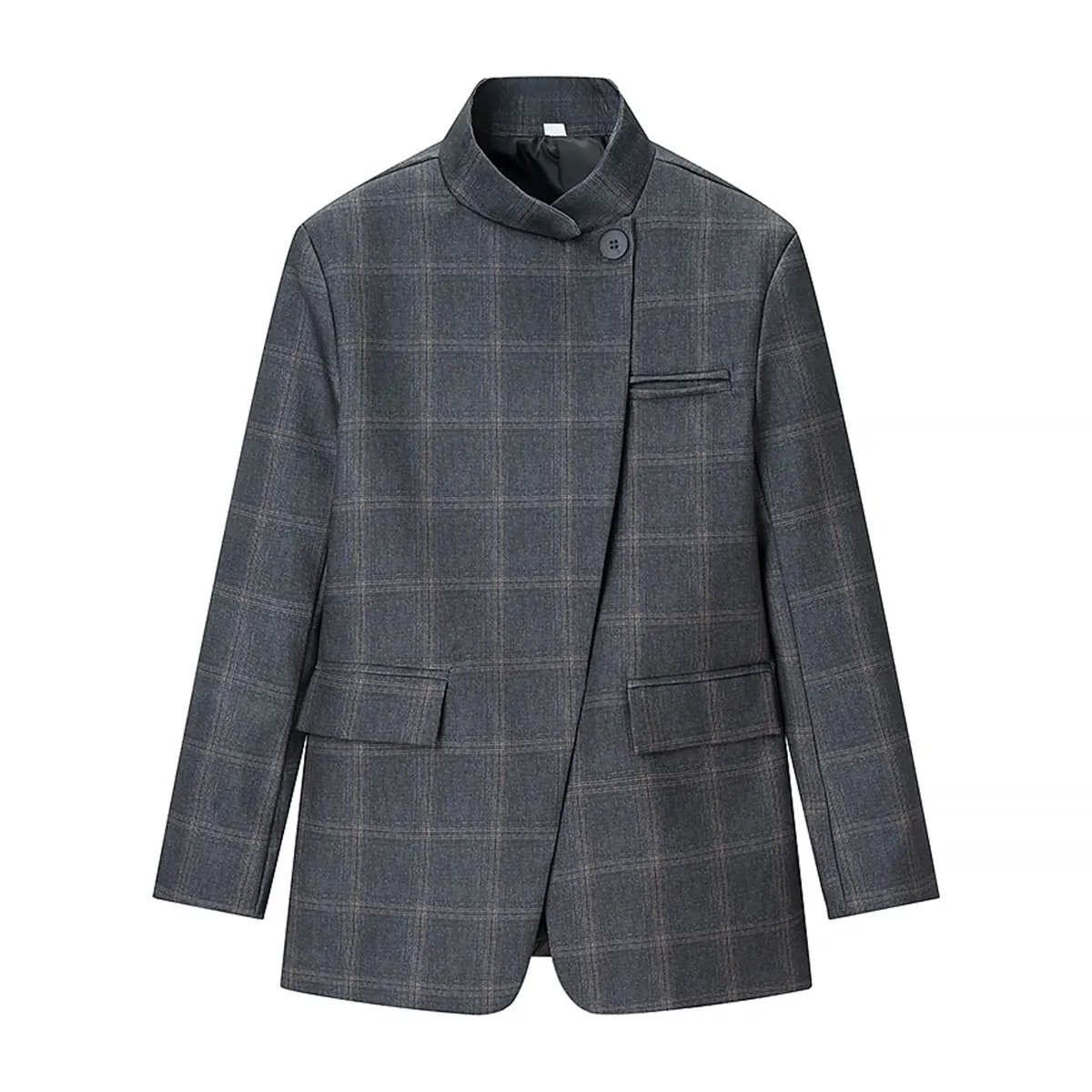 Plaid Blazer – Stylish Single Button Long Sleeve Jacket - Image 7
