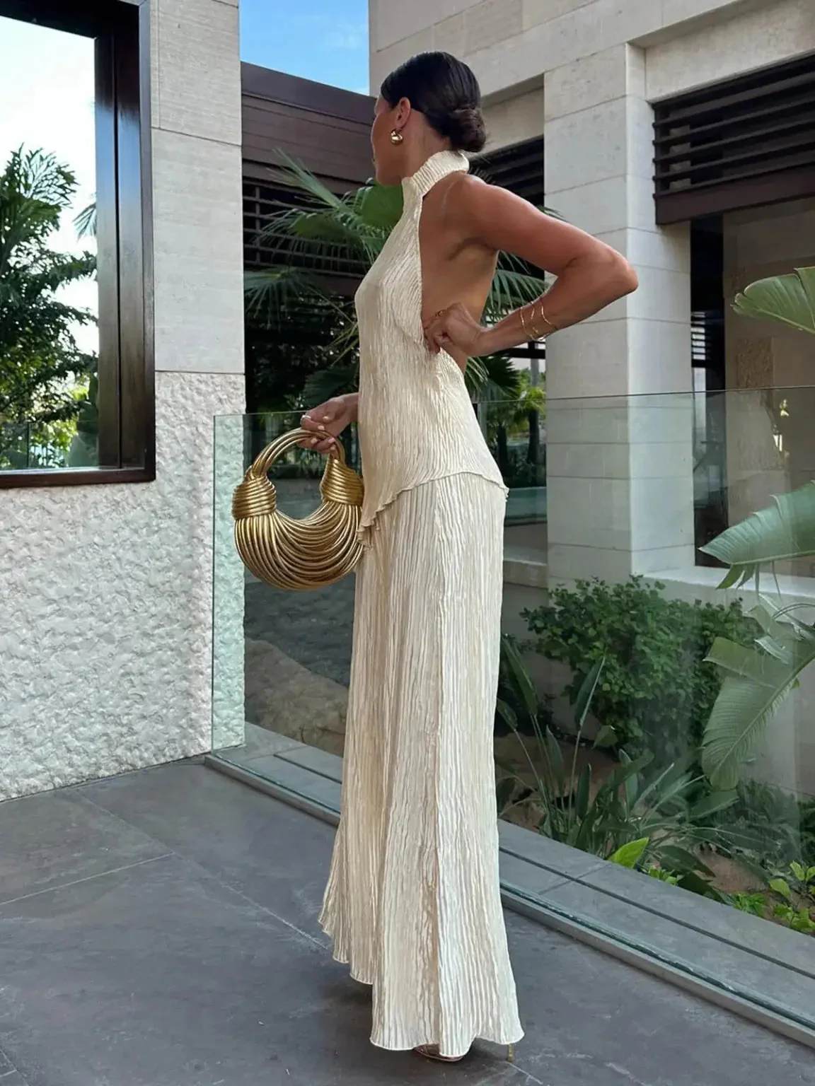 Pleated Halter Top and Wide-Leg Trousers Two-Piece Set - Image 2