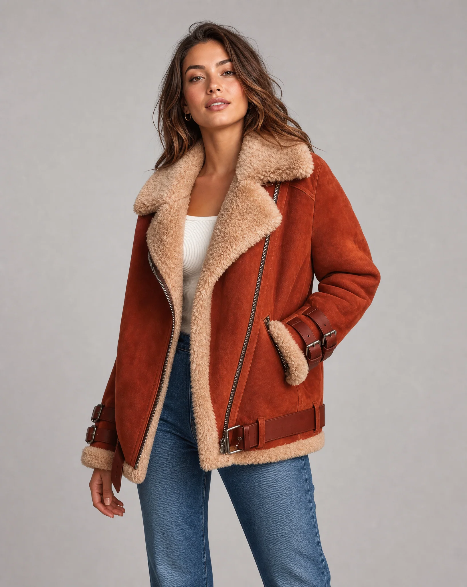 Women's Premium Faux Sheepskin Jacket With Belt And Pockets - Image 3