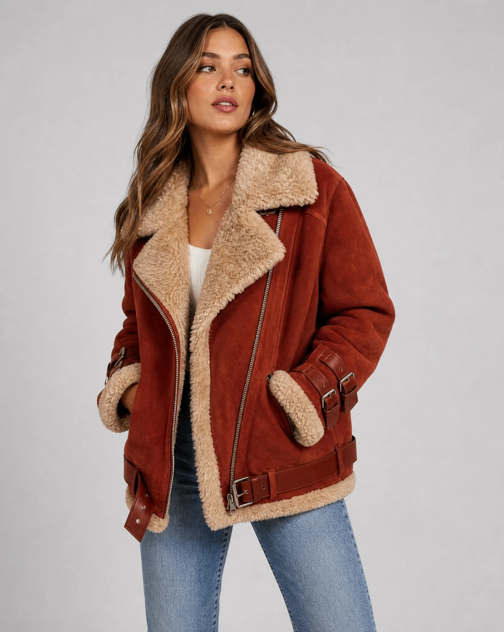 Women's Premium Faux Sheepskin Jacket With Belt And Pockets - Image 4