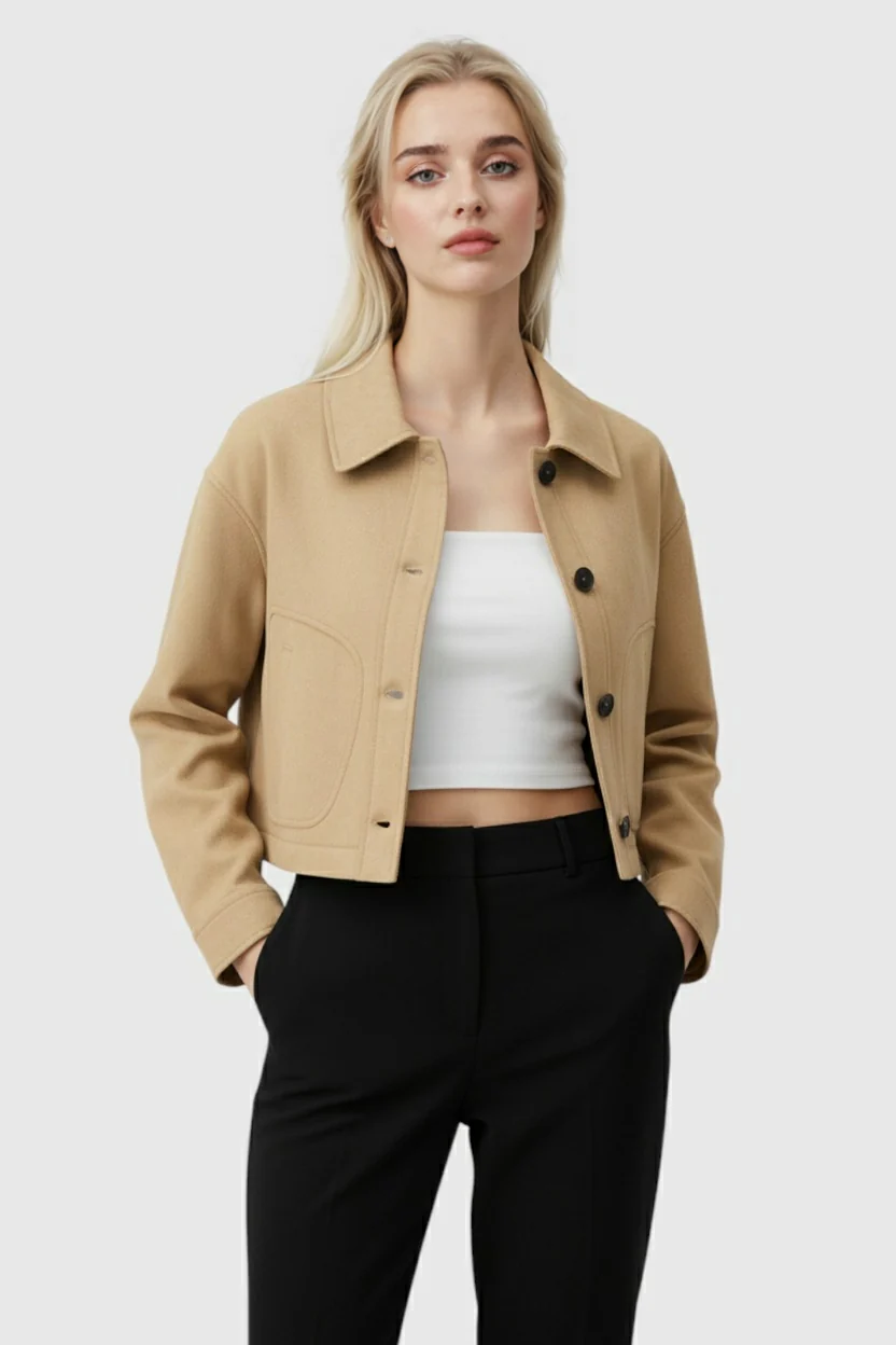 Retro-Inspired Khaki Short Jacket with Button Closure - Image 2