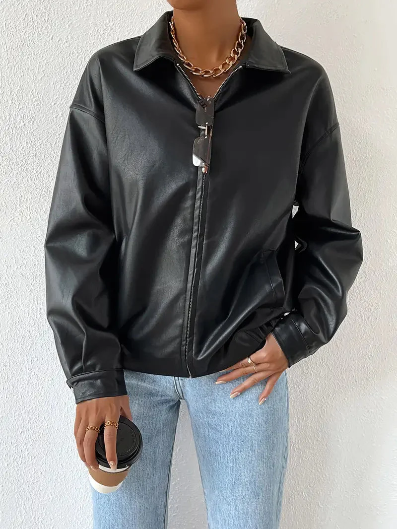 Women's Faux Leather Zip Jacket Black - Image 3