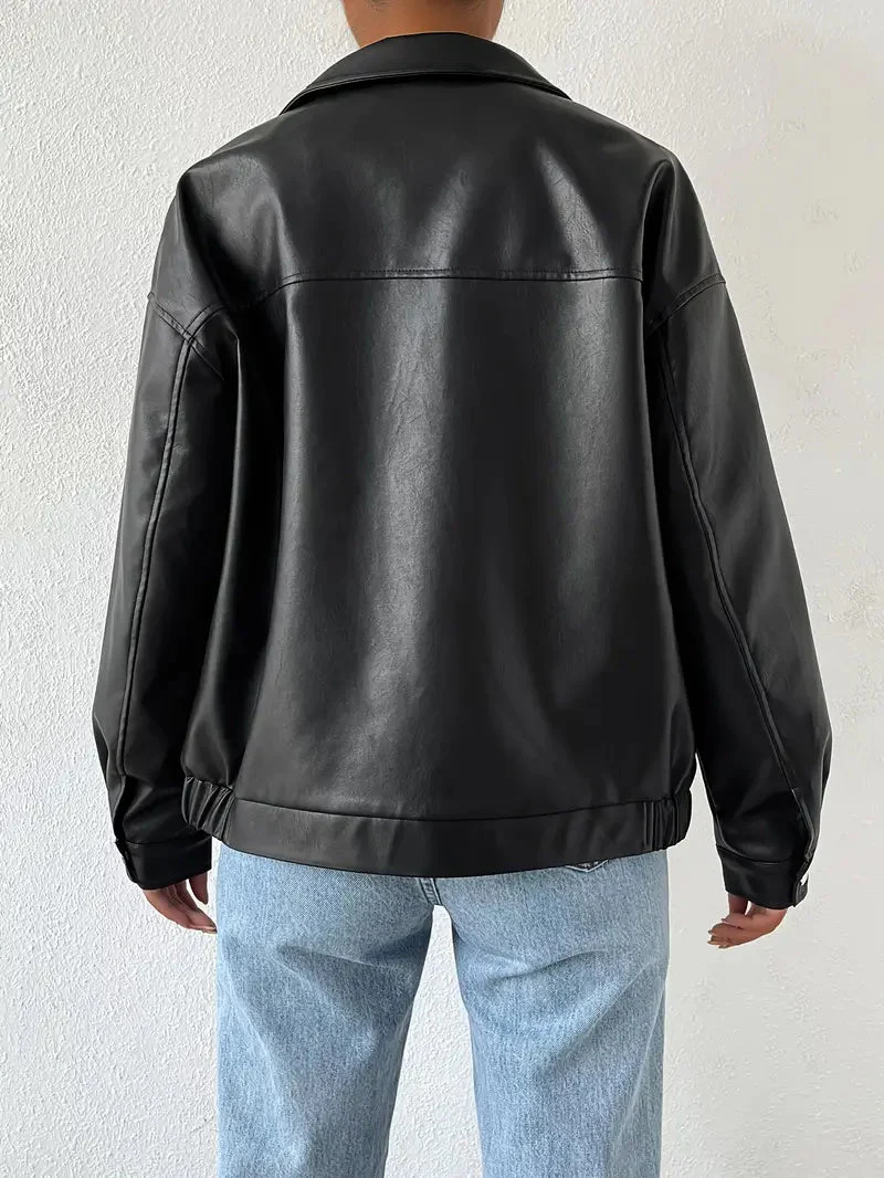Women's Faux Leather Zip Jacket Black - Image 4