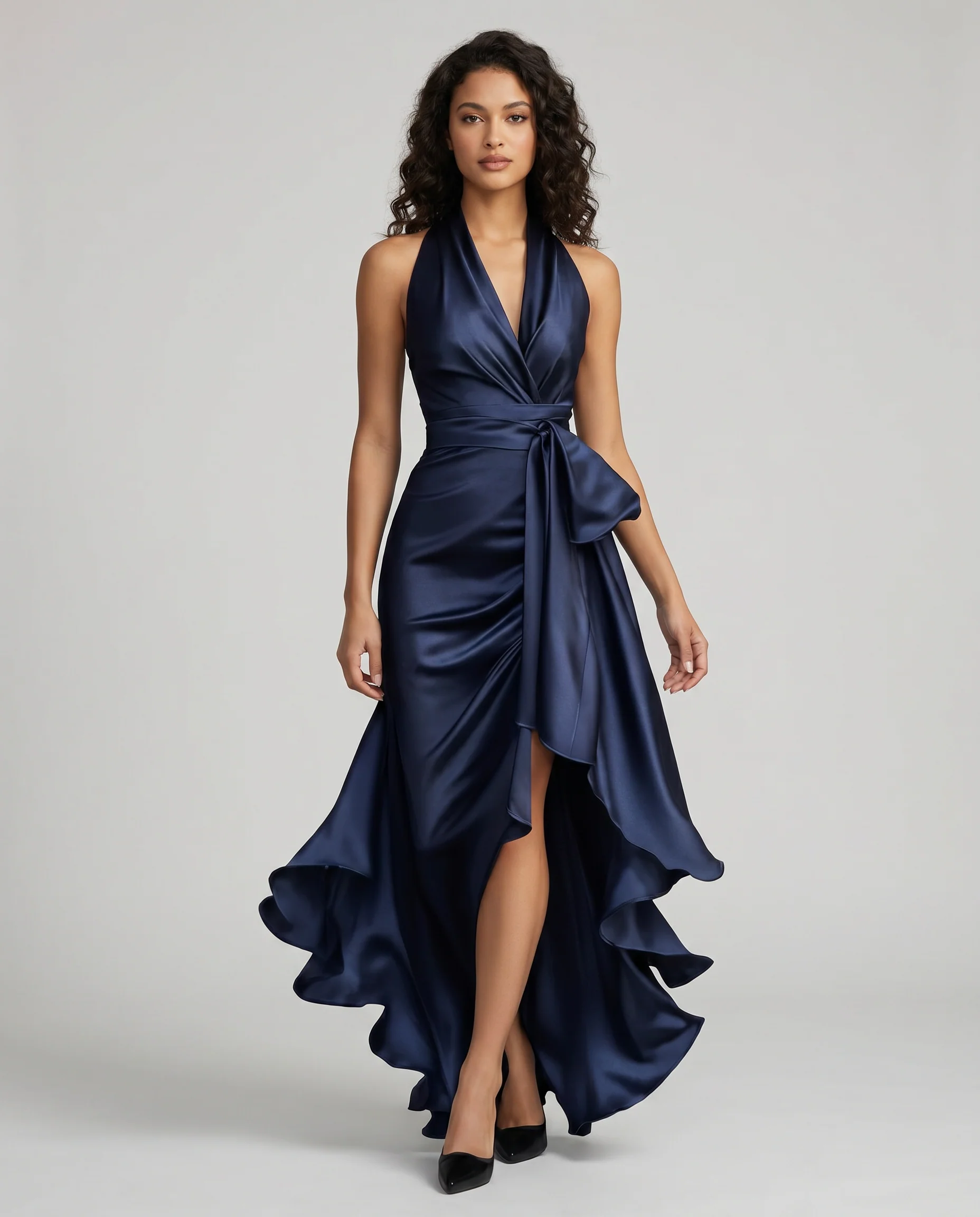 Satin Evening Dress – Off-Shoulder V-Neck Formal Elegance