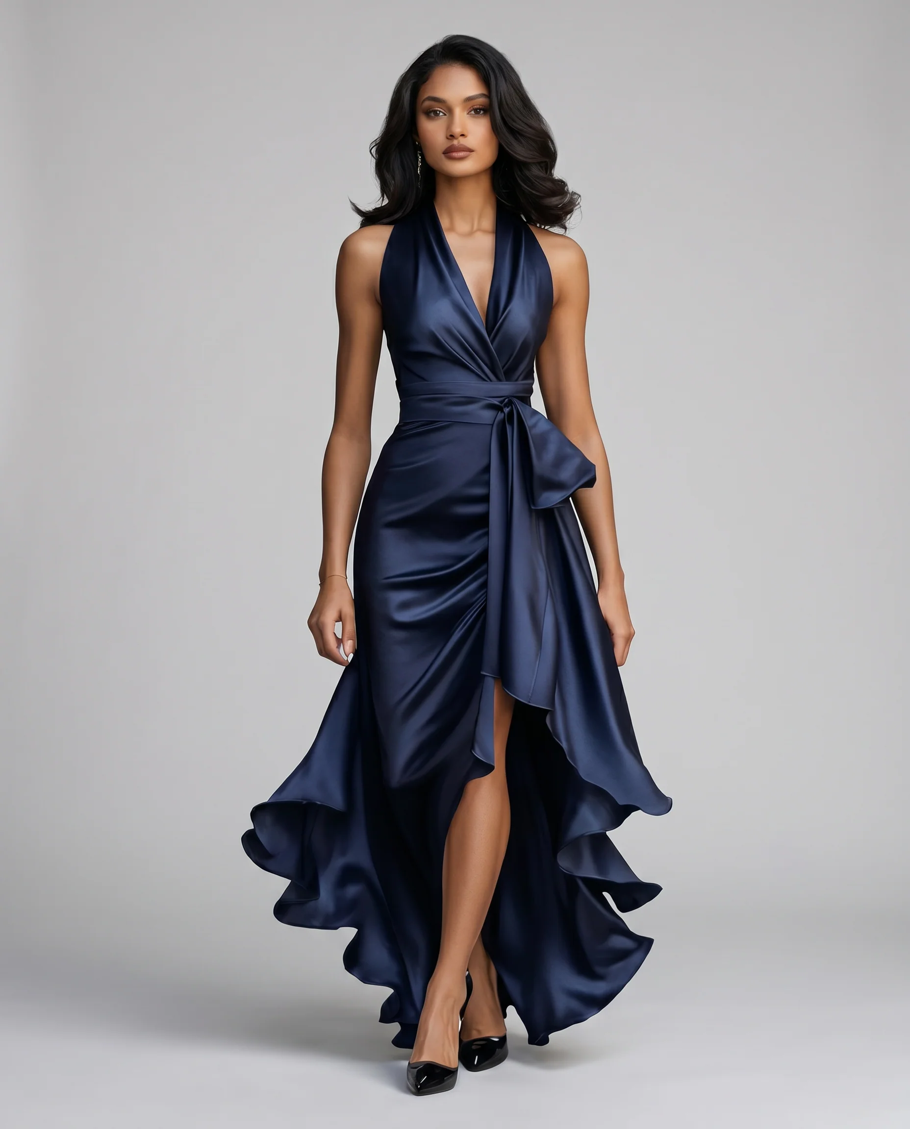 Satin Evening Dress – Off-Shoulder V-Neck Formal Elegance - Image 2