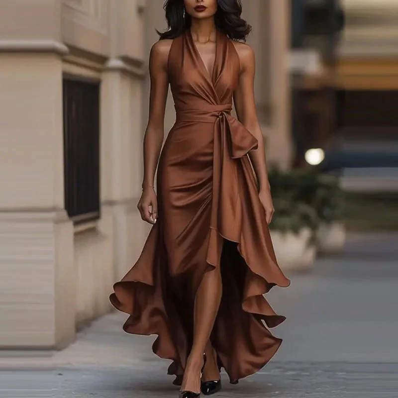 Satin Evening Dress – Off-Shoulder V-Neck Formal Elegance - Image 5