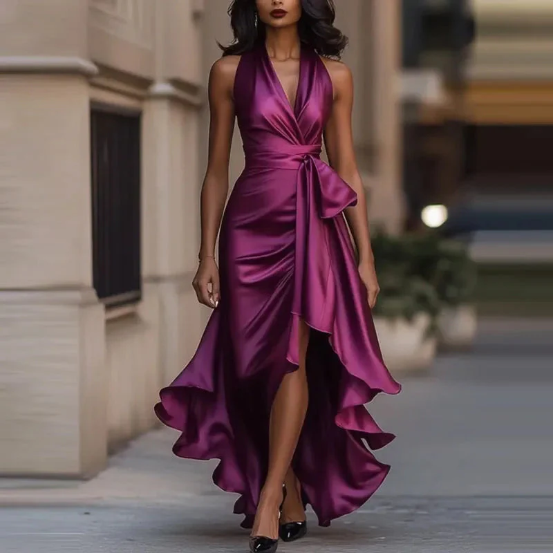Satin Evening Dress – Off-Shoulder V-Neck Formal Elegance - Image 8