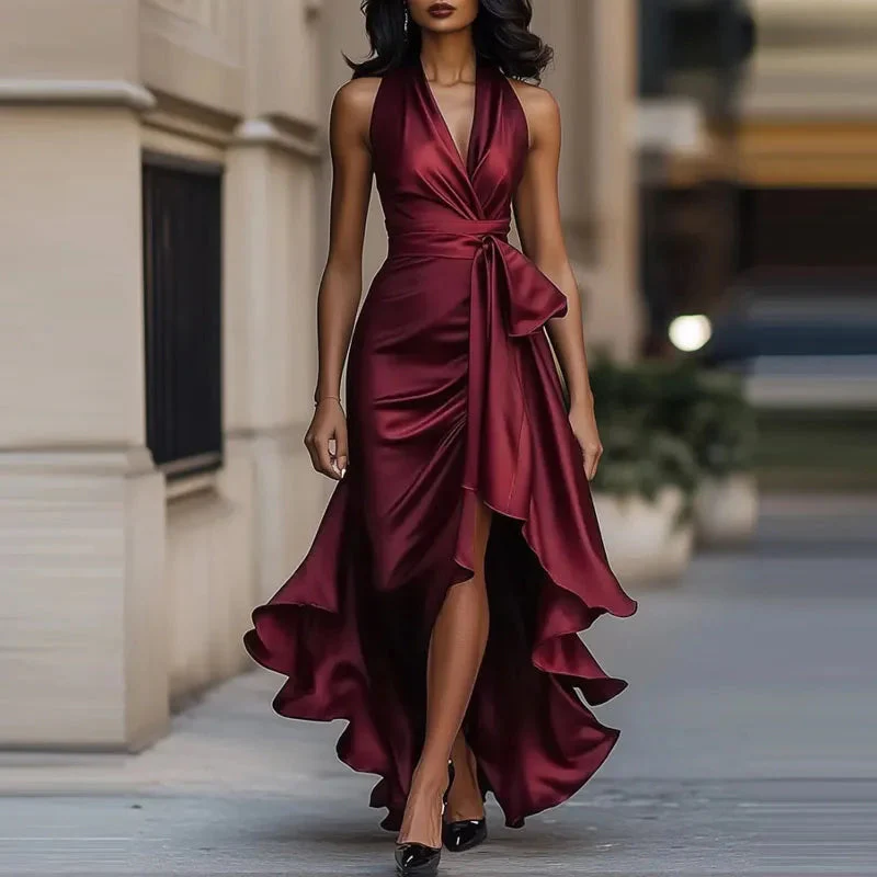 Satin Evening Dress – Off-Shoulder V-Neck Formal Elegance - Image 9