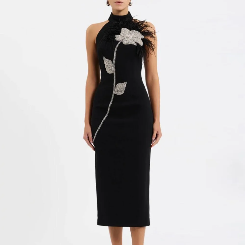 Backless Feather Embellished Midi Dress