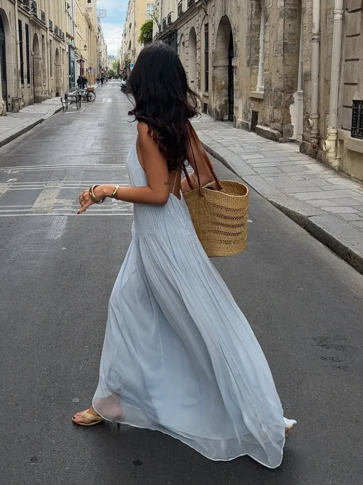 Pleated Spaghetti Strap Maxi Dress with Flowing Silhouette - Image 3