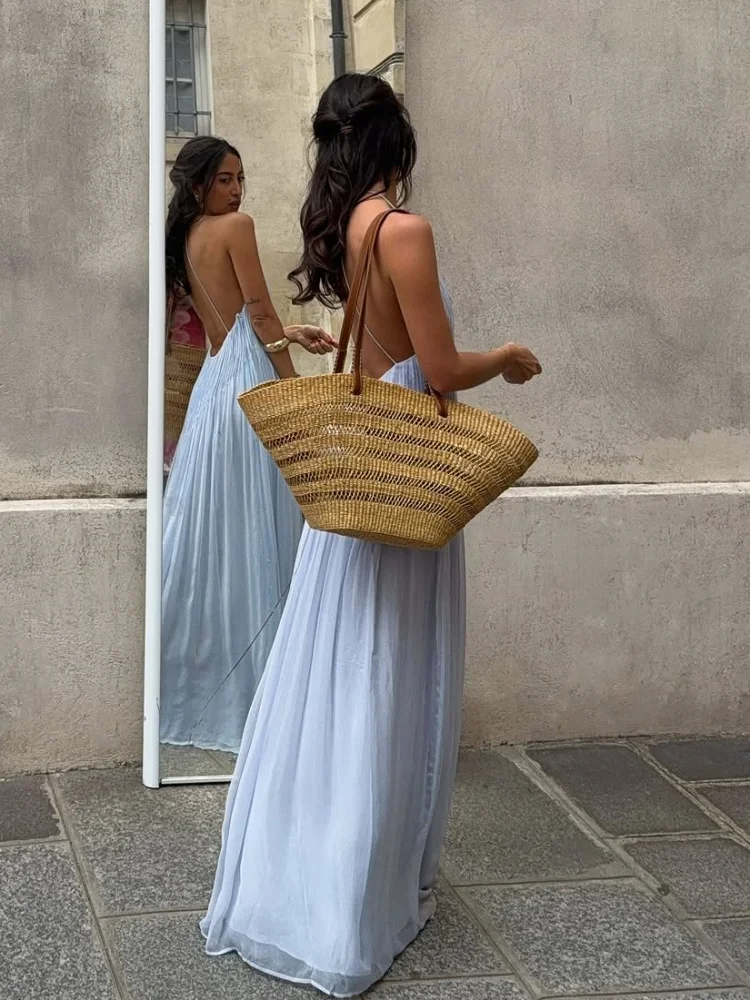 Pleated Spaghetti Strap Maxi Dress with Flowing Silhouette - Image 4