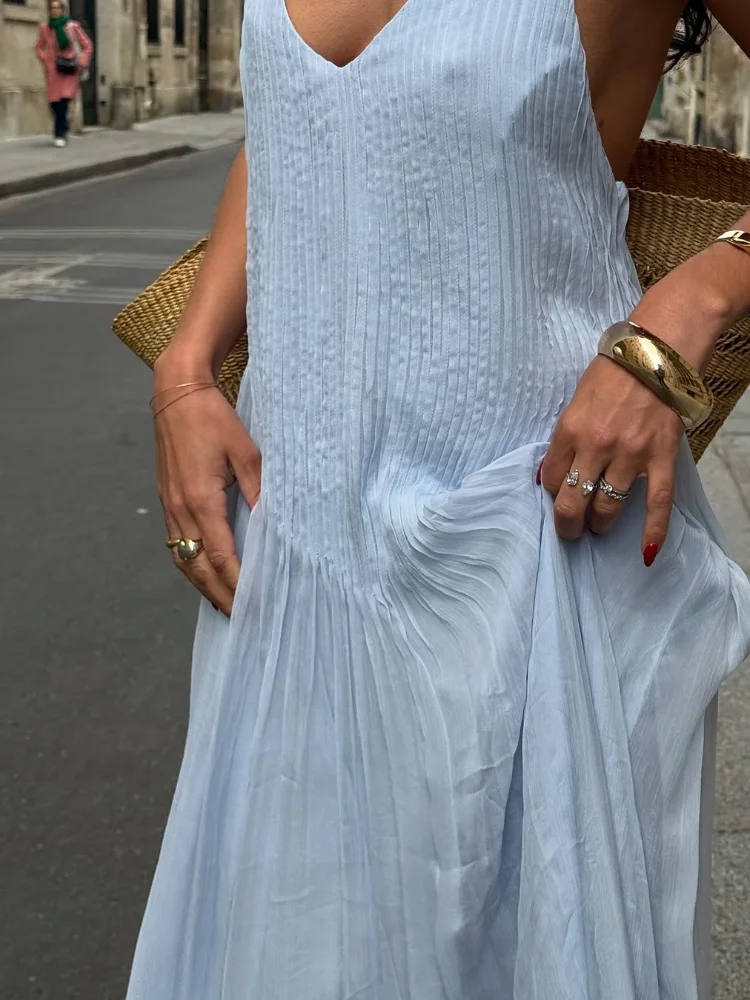 Pleated Spaghetti Strap Maxi Dress with Flowing Silhouette - Image 6