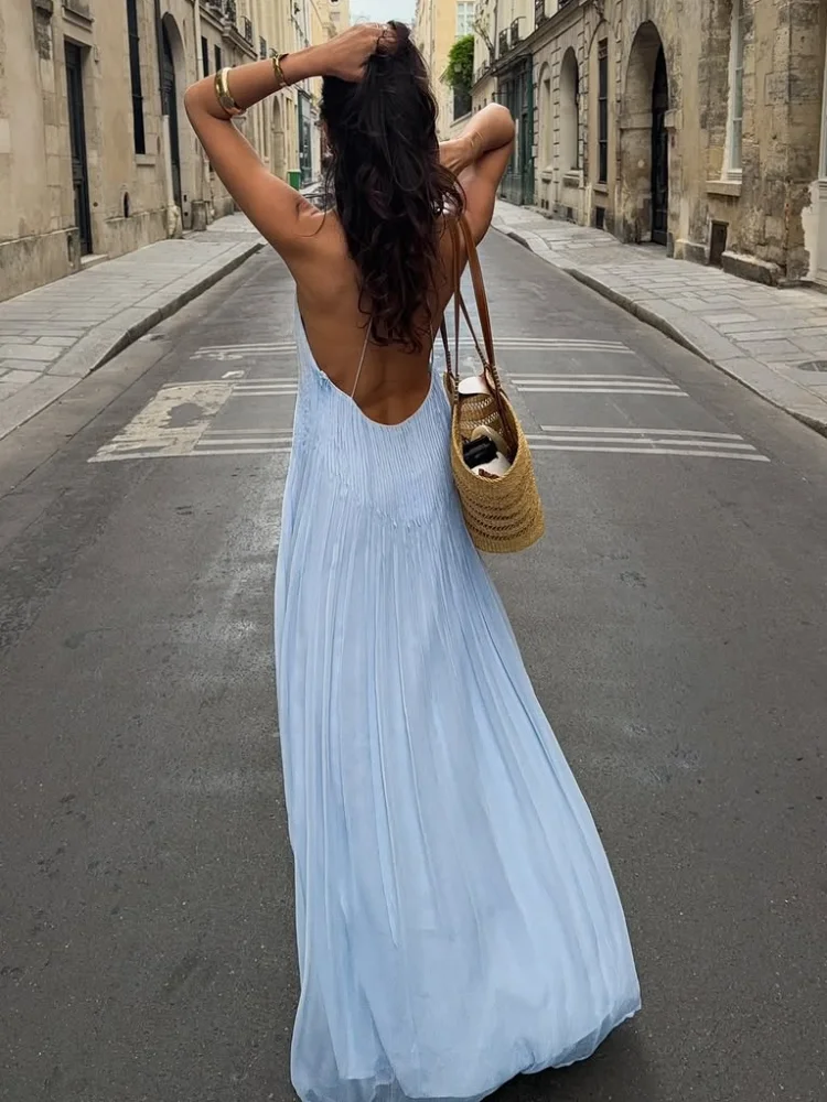 Pleated Spaghetti Strap Maxi Dress with Flowing Silhouette - Image 7