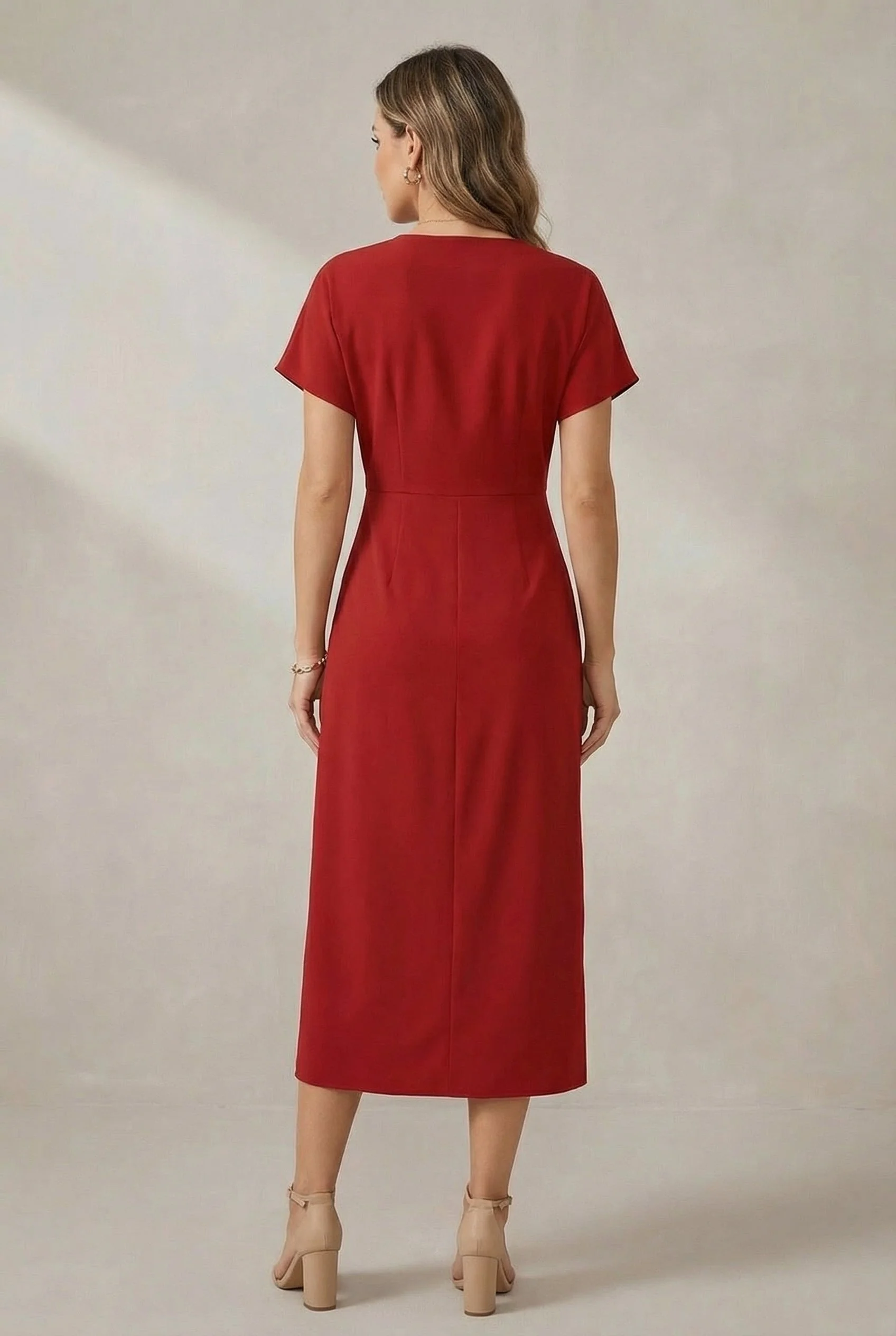 Short Sleeve Faux Wrap Midi Dress with Side Slit - Image 2