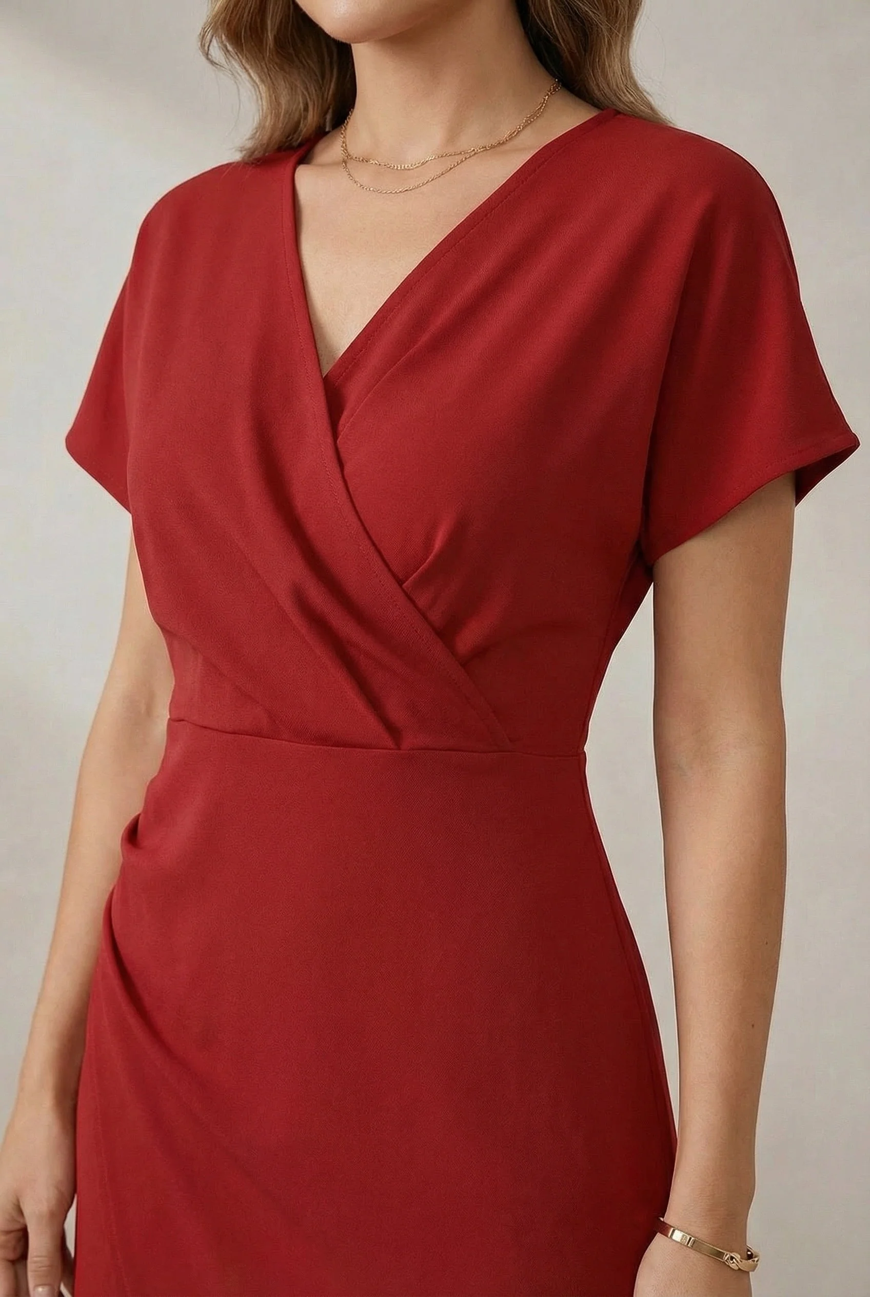 Short Sleeve Faux Wrap Midi Dress with Side Slit - Image 3