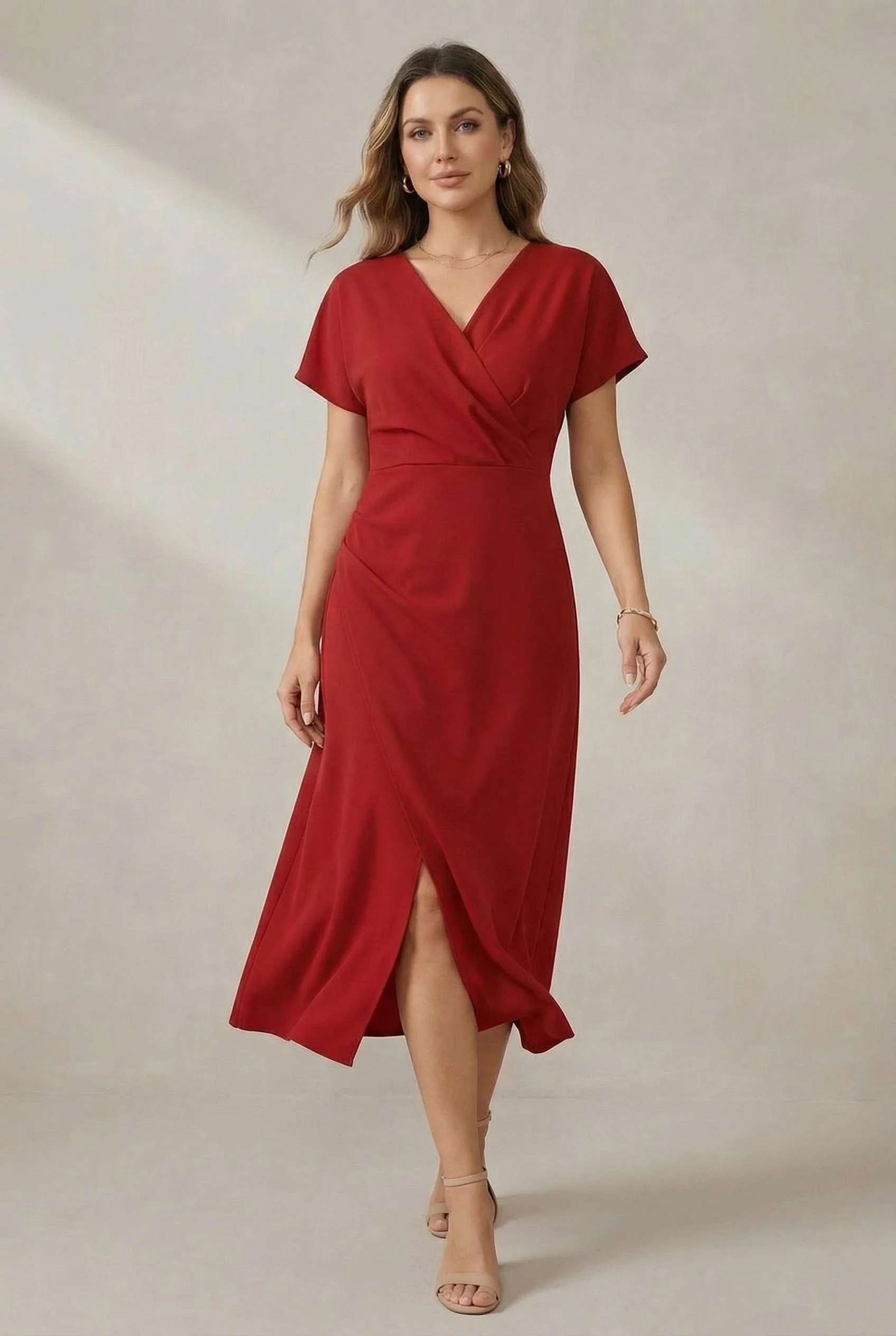 Short Sleeve Faux Wrap Midi Dress with Side Slit - Image 4
