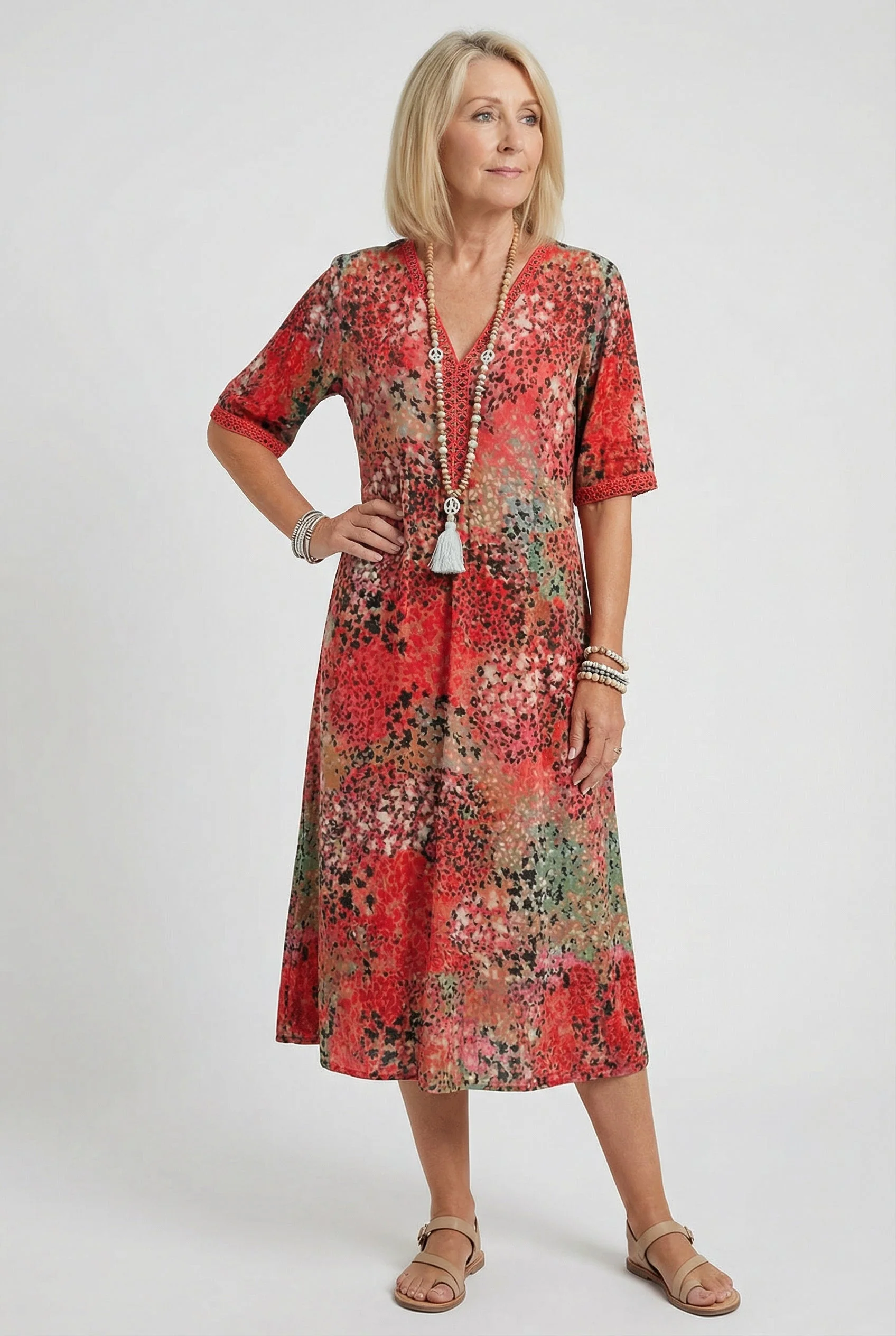Short Sleeve Floral Print Relaxed Midi Dress with Pockets - Image 2