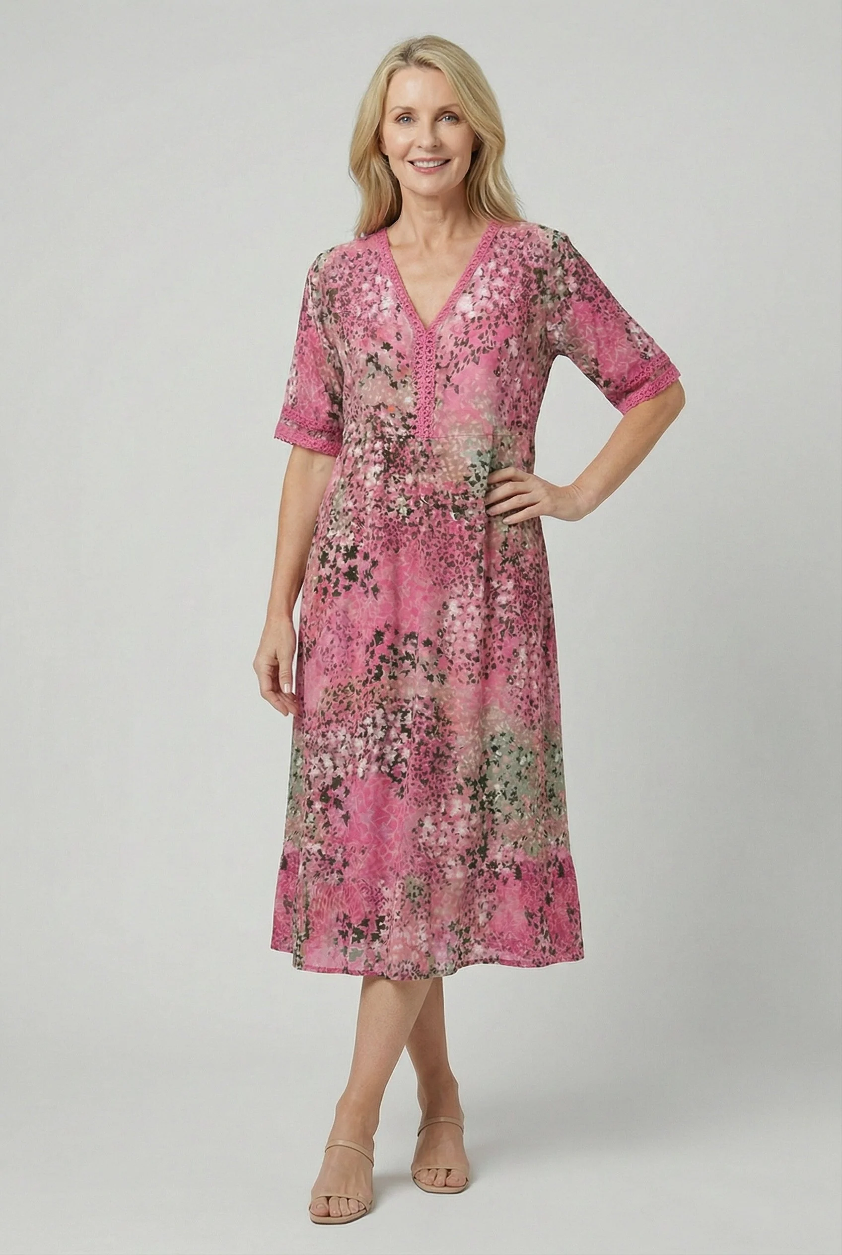 Short Sleeve Floral Print Relaxed Midi Dress with Pockets - Image 7