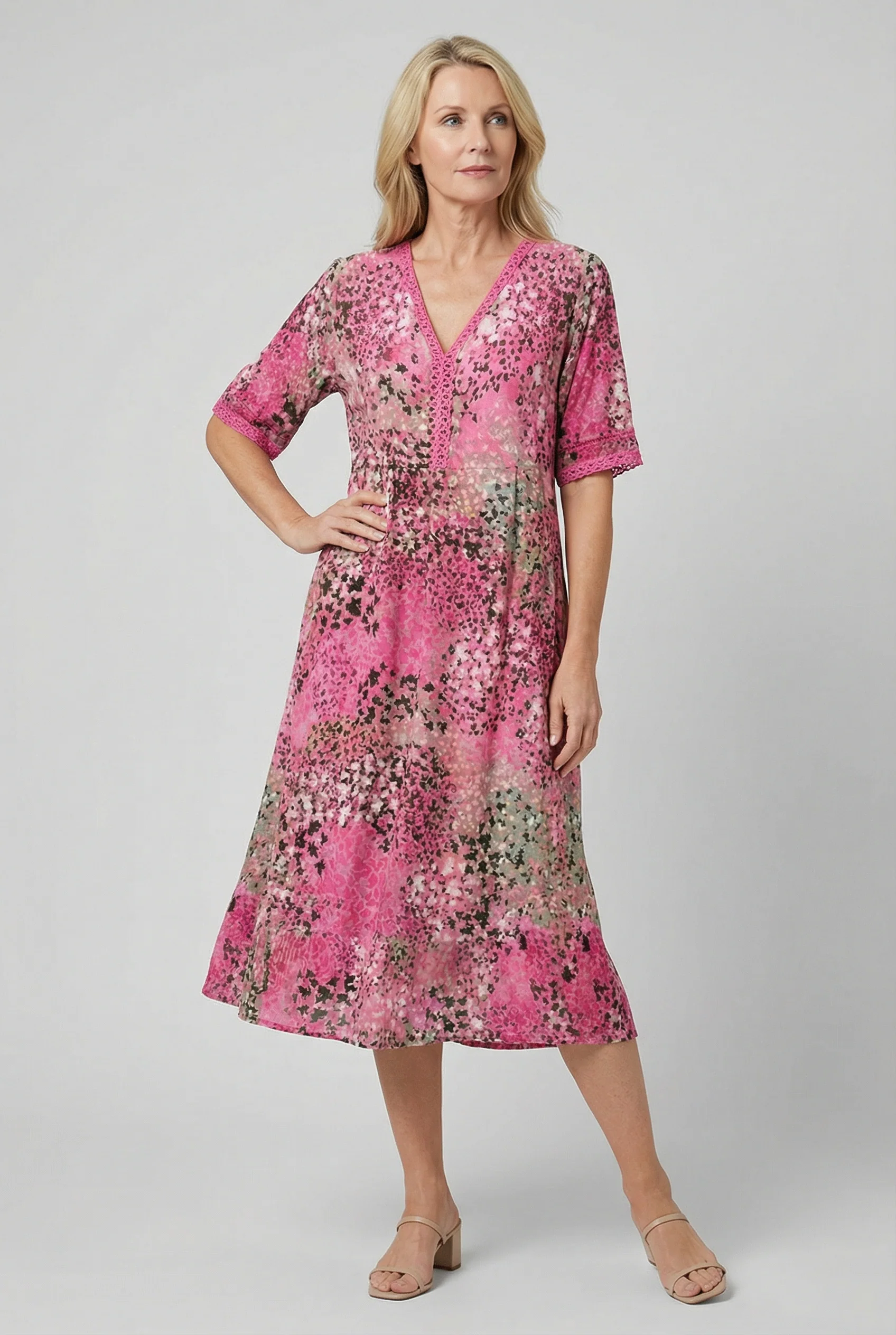 Short Sleeve Floral Print Relaxed Midi Dress with Pockets - Image 8