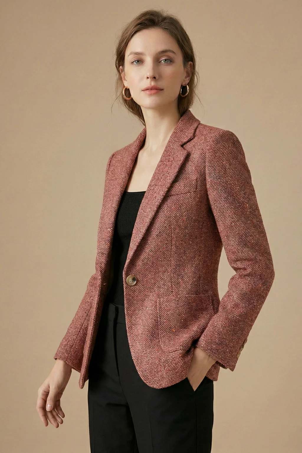 Single-Button Blazer Jacket – Notch Lapel Wool Coat - Image 5