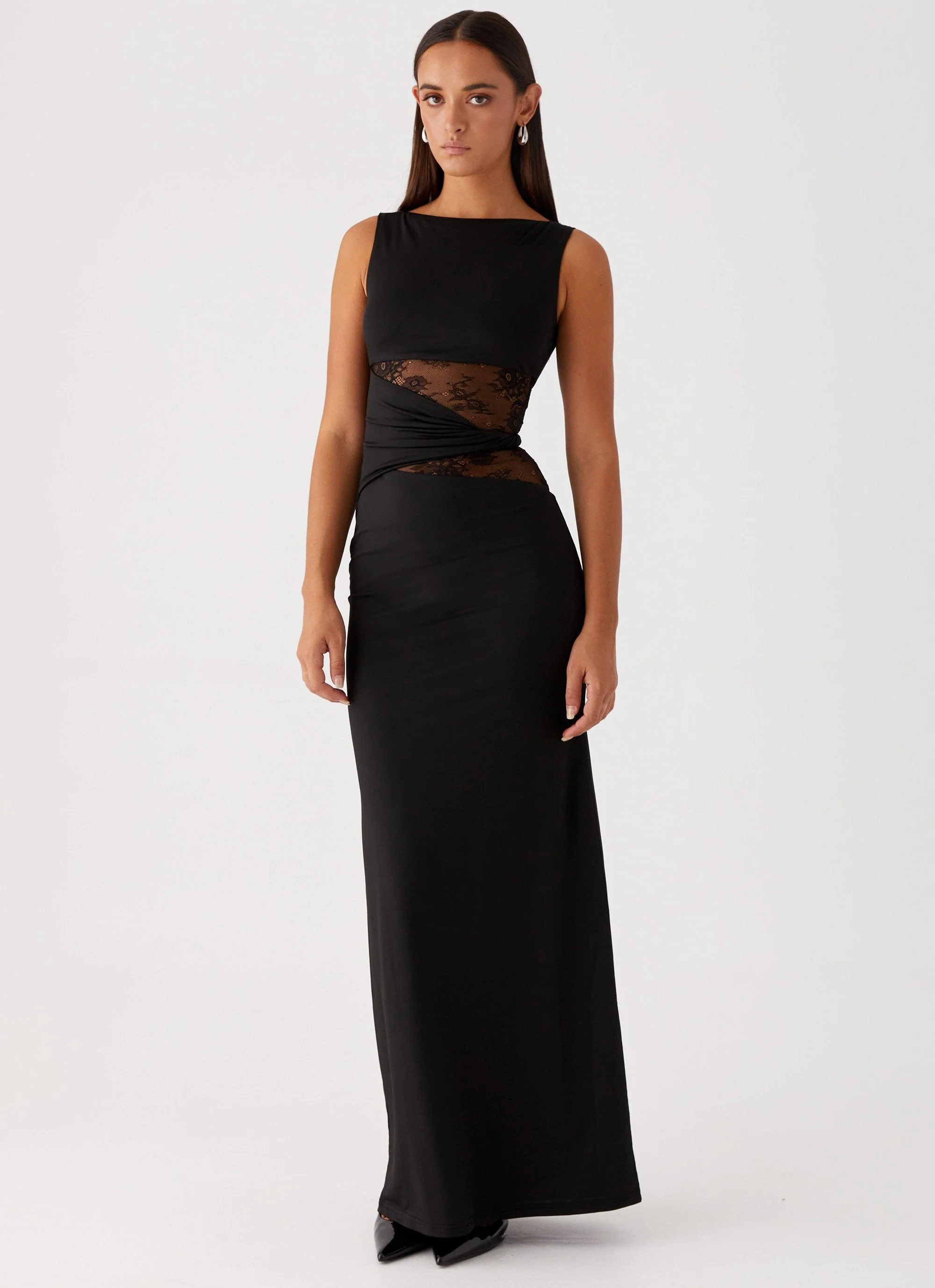Sleeveless Boat Neck Lace Cut-Out Maxi Dress