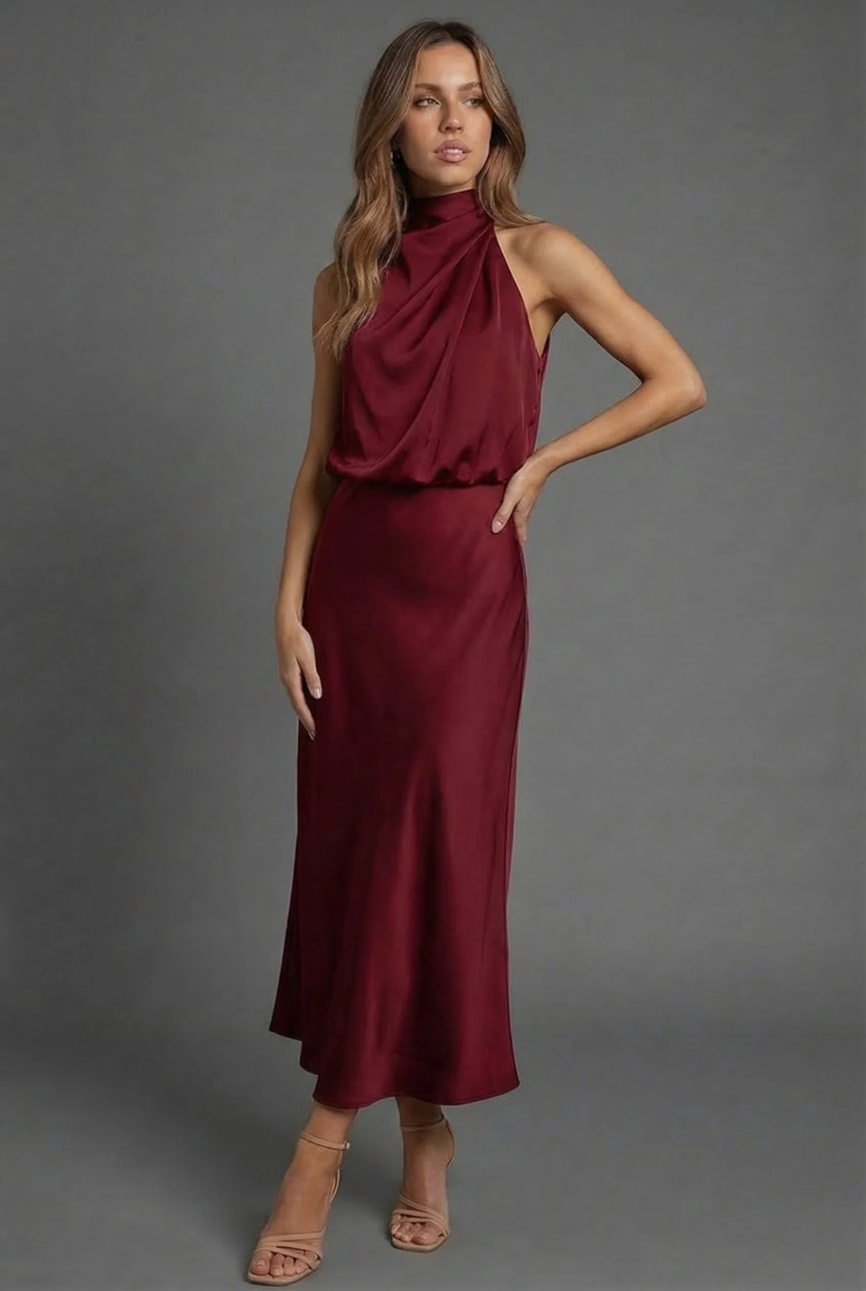 Sleeveless Draped Halterneck Satin Midi Dress - Image 10