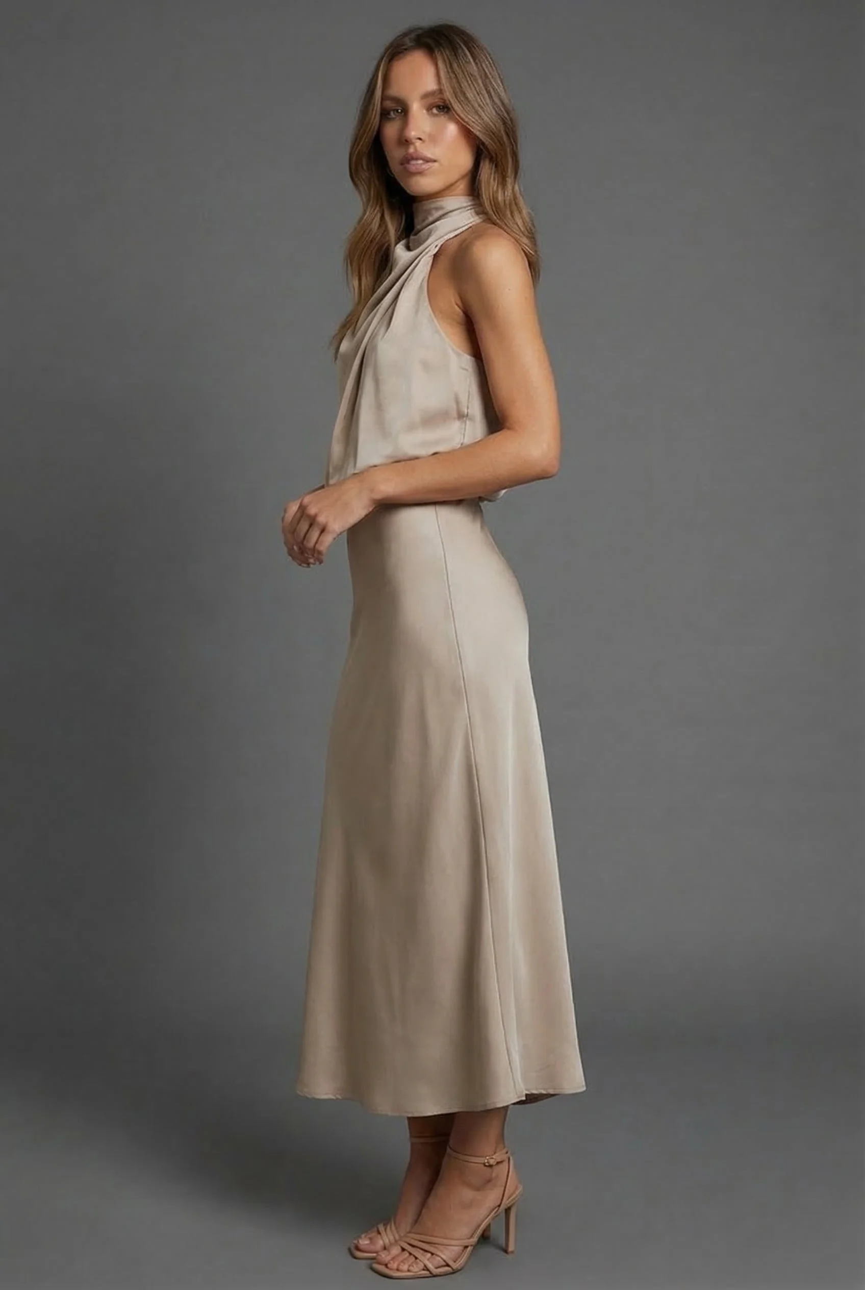 Sleeveless Draped Halterneck Satin Midi Dress - Image 2