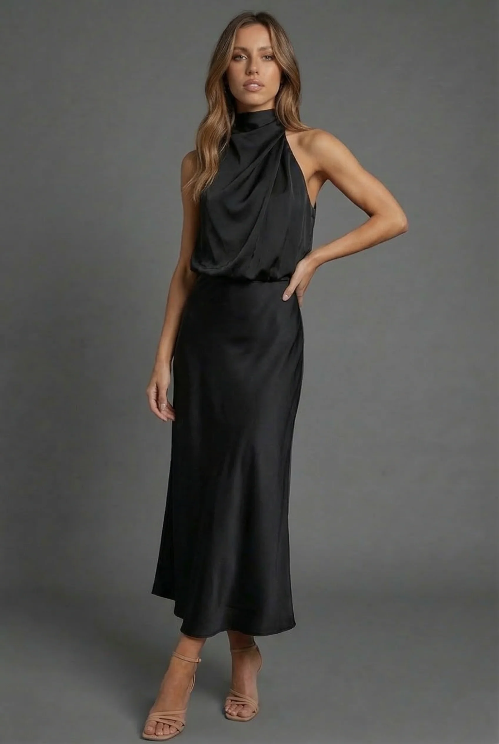 Sleeveless Draped Halterneck Satin Midi Dress - Image 3