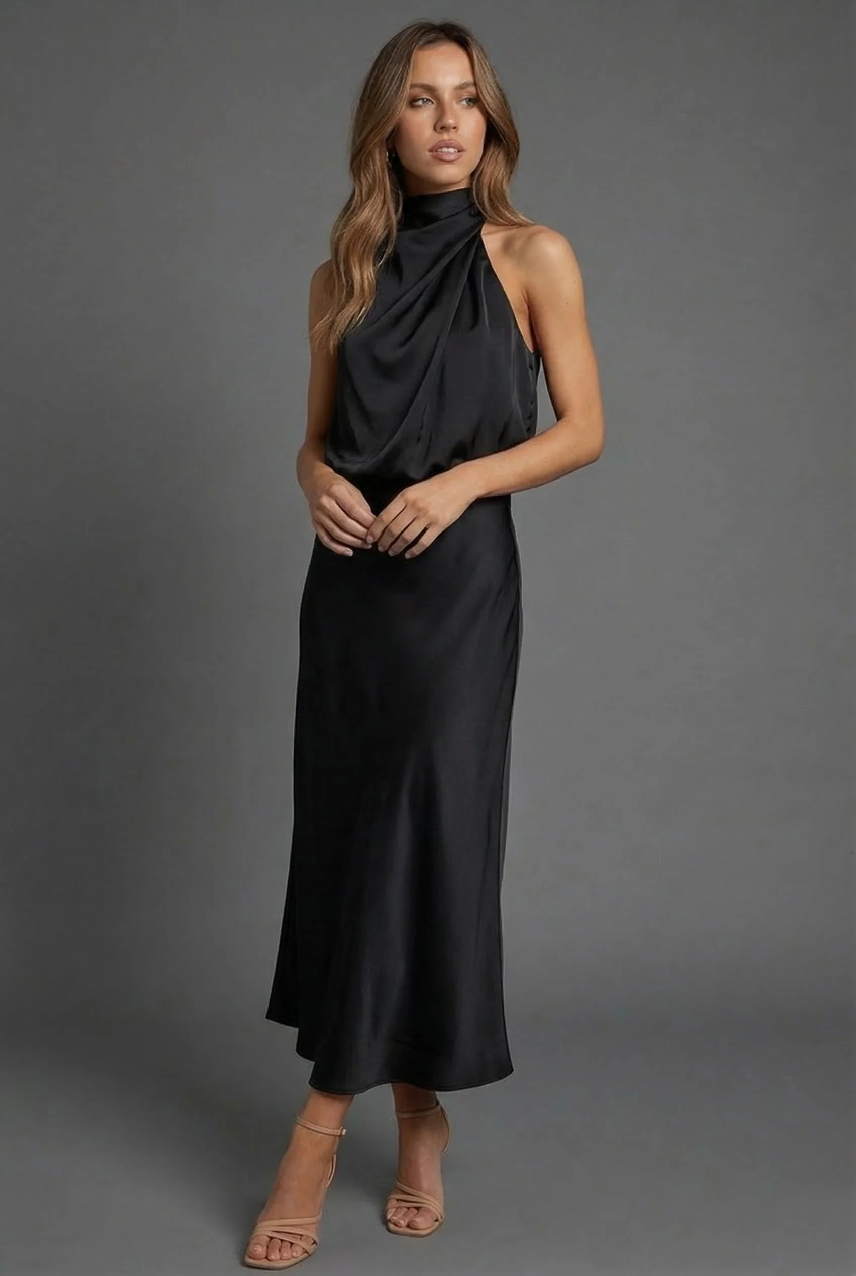 Sleeveless Draped Halterneck Satin Midi Dress - Image 4
