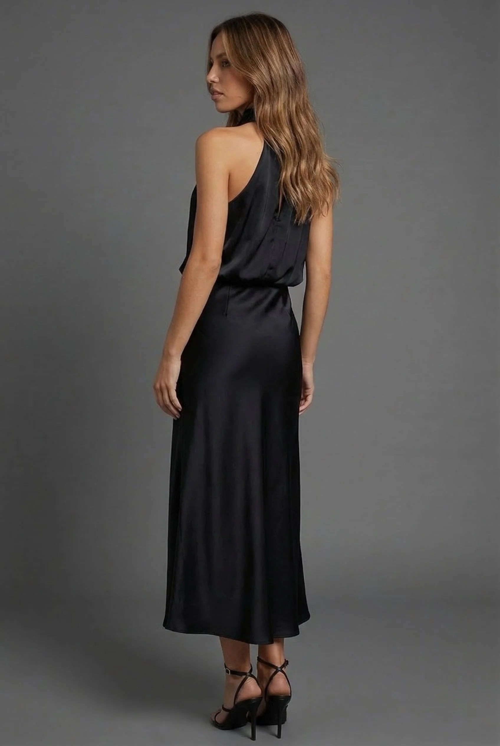 Sleeveless Draped Halterneck Satin Midi Dress - Image 5