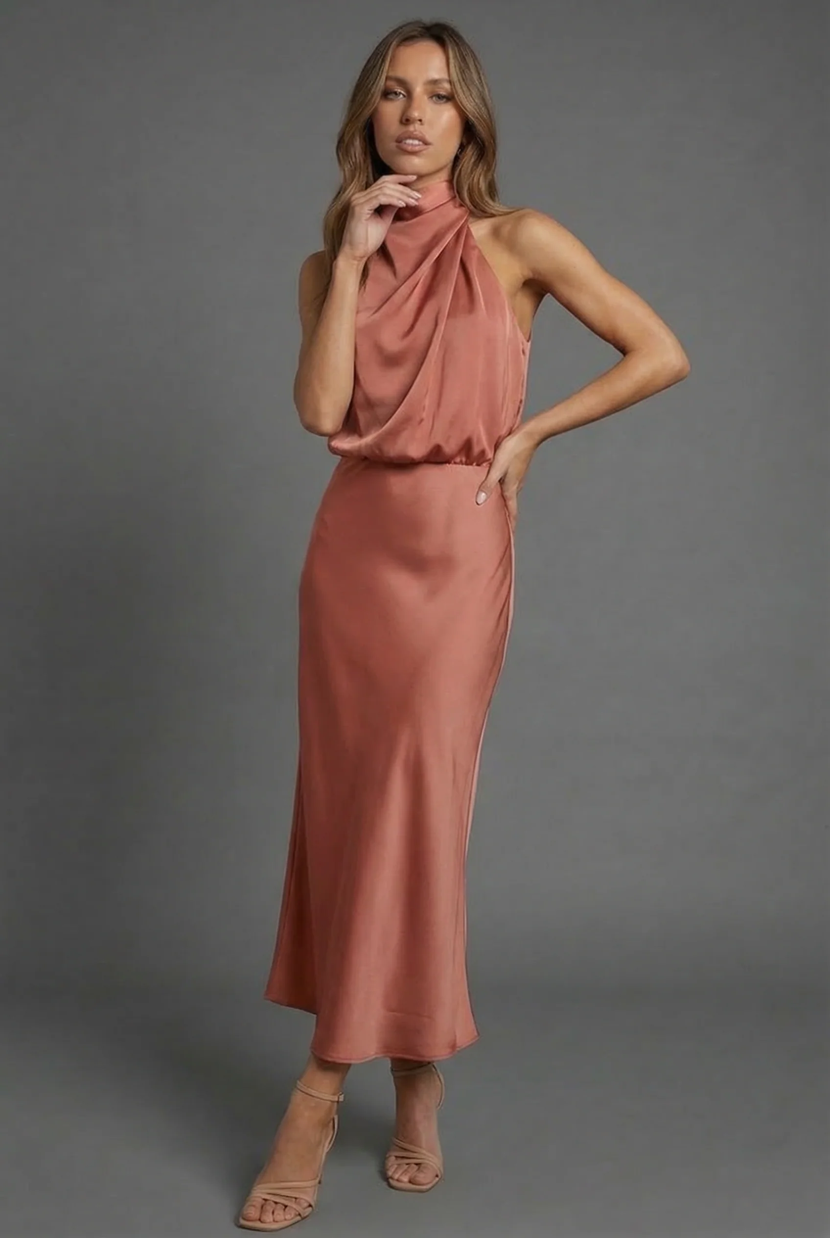 Sleeveless Draped Halterneck Satin Midi Dress - Image 7