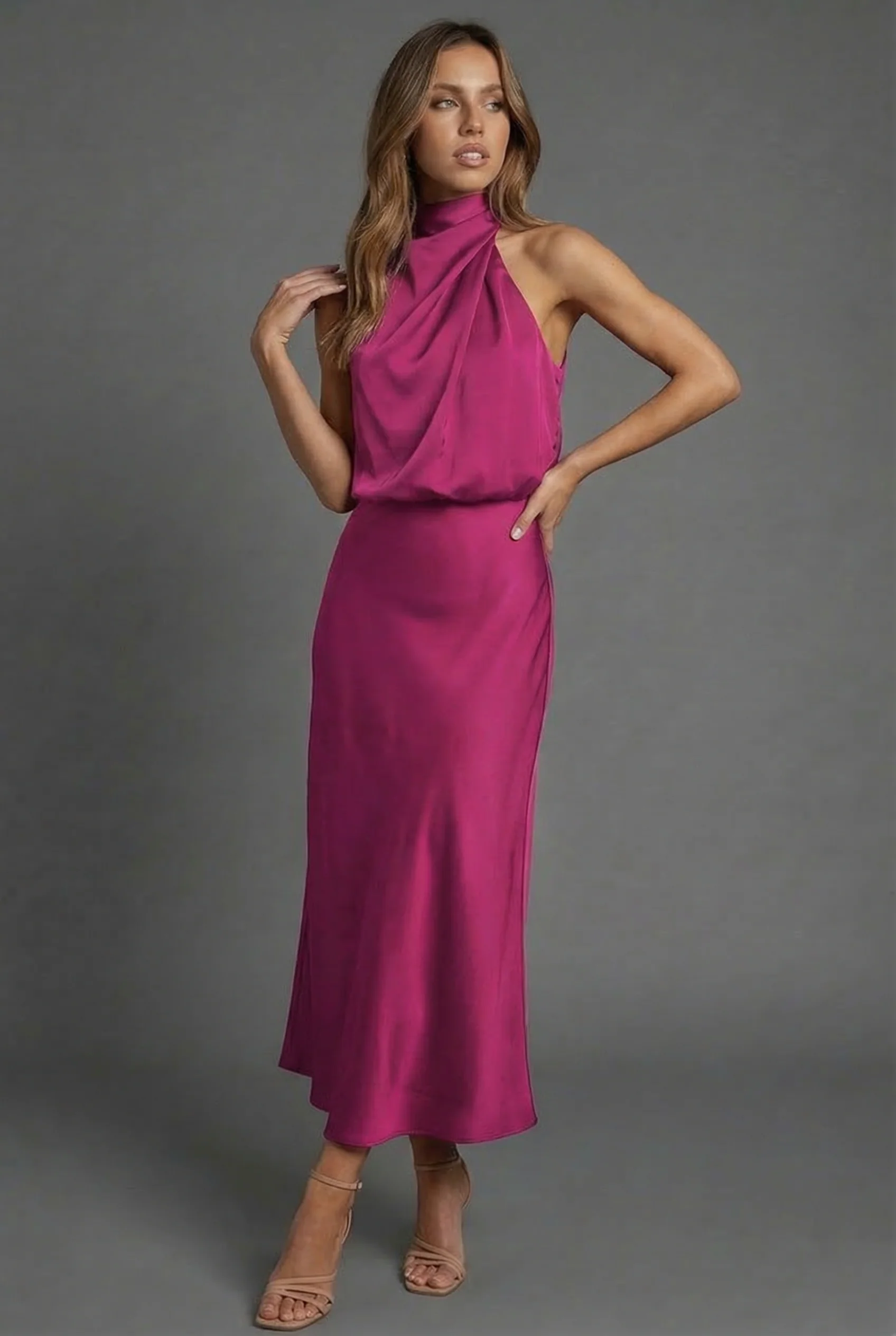 Sleeveless Draped Halterneck Satin Midi Dress - Image 8