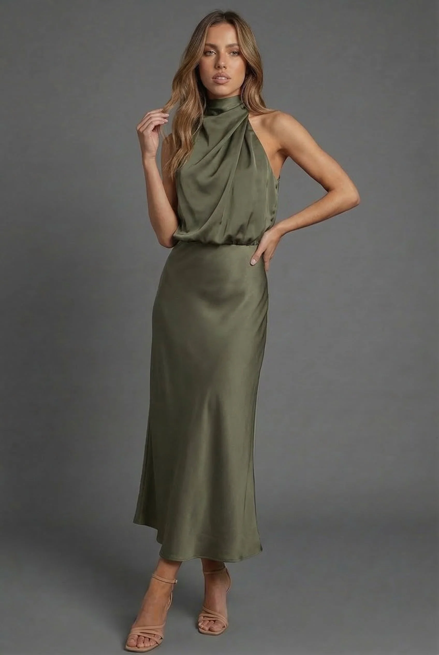 Sleeveless Draped Halterneck Satin Midi Dress - Image 9