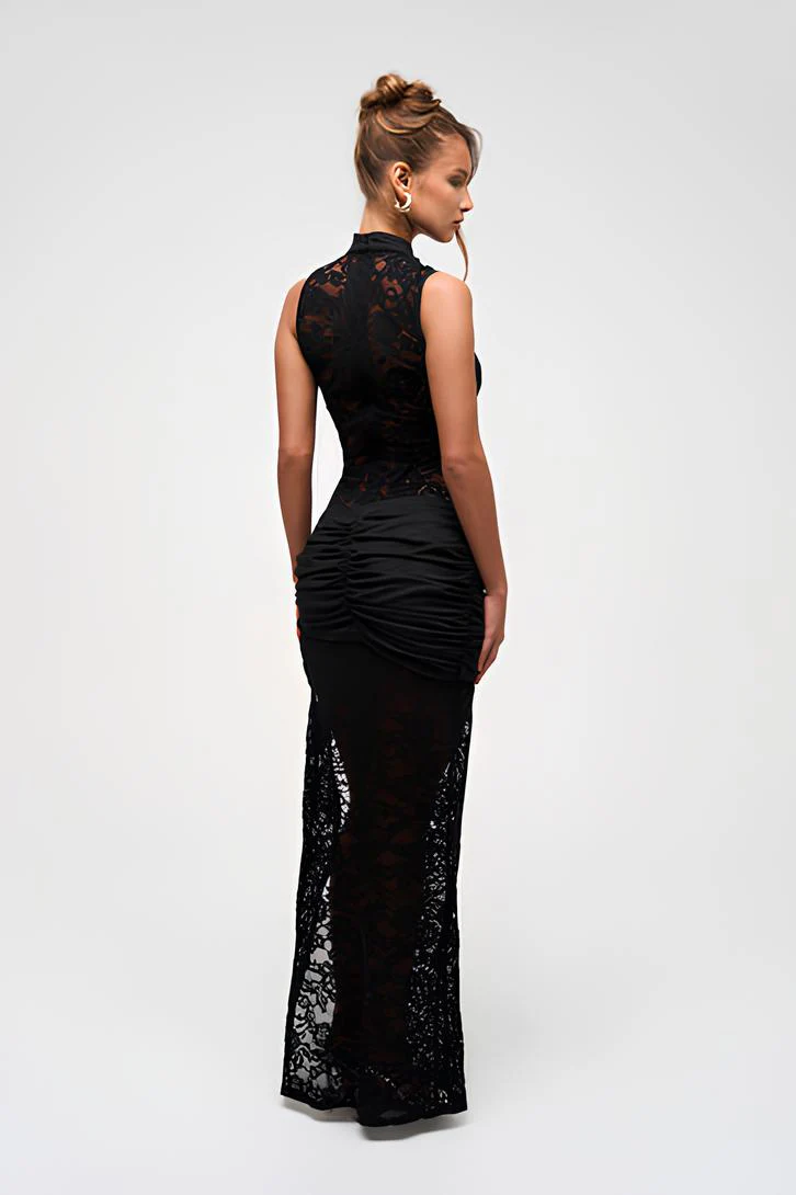 Sleeveless High Neck Lace Slit Evening Maxi Dress - Image 6