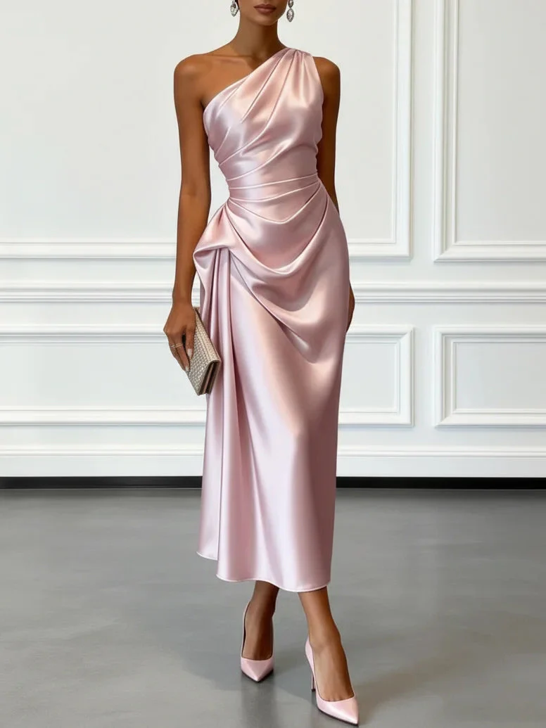 Sleeveless One Shoulder Satin Midi Occasion Dress - Image 3