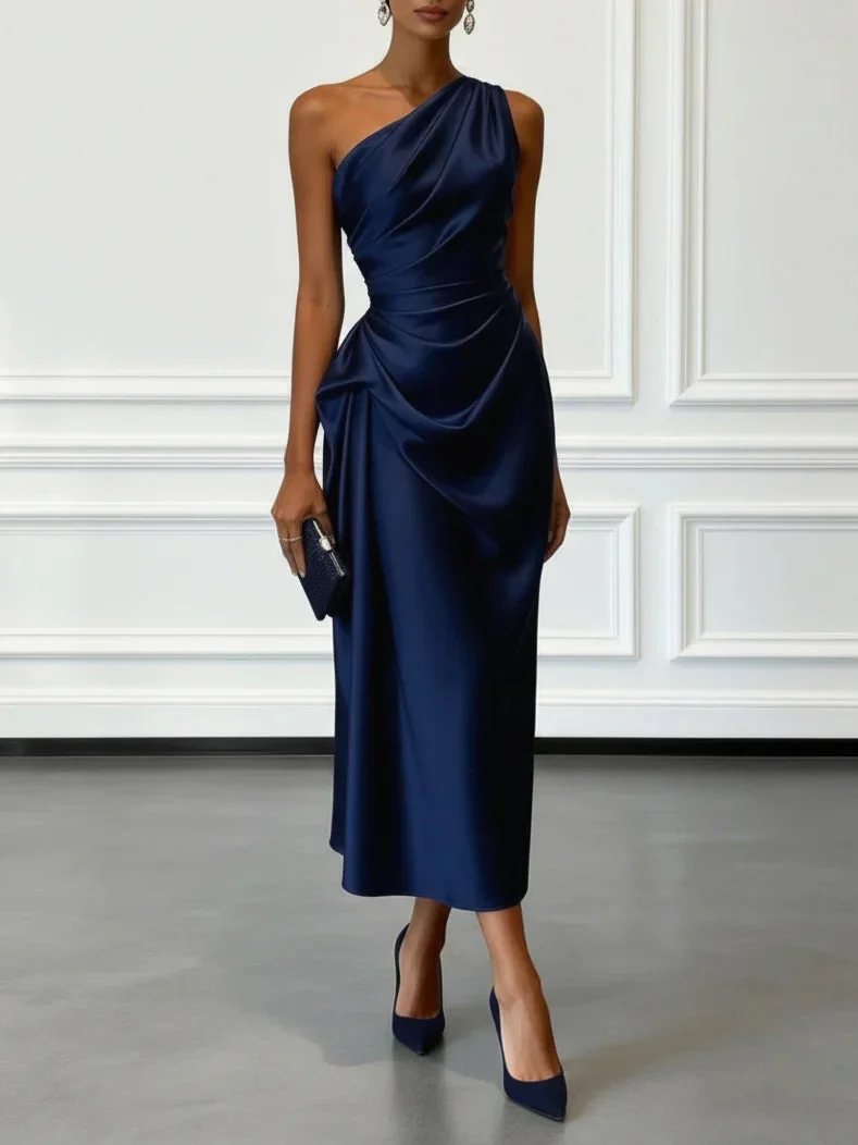 Sleeveless One Shoulder Satin Midi Occasion Dress - Image 4
