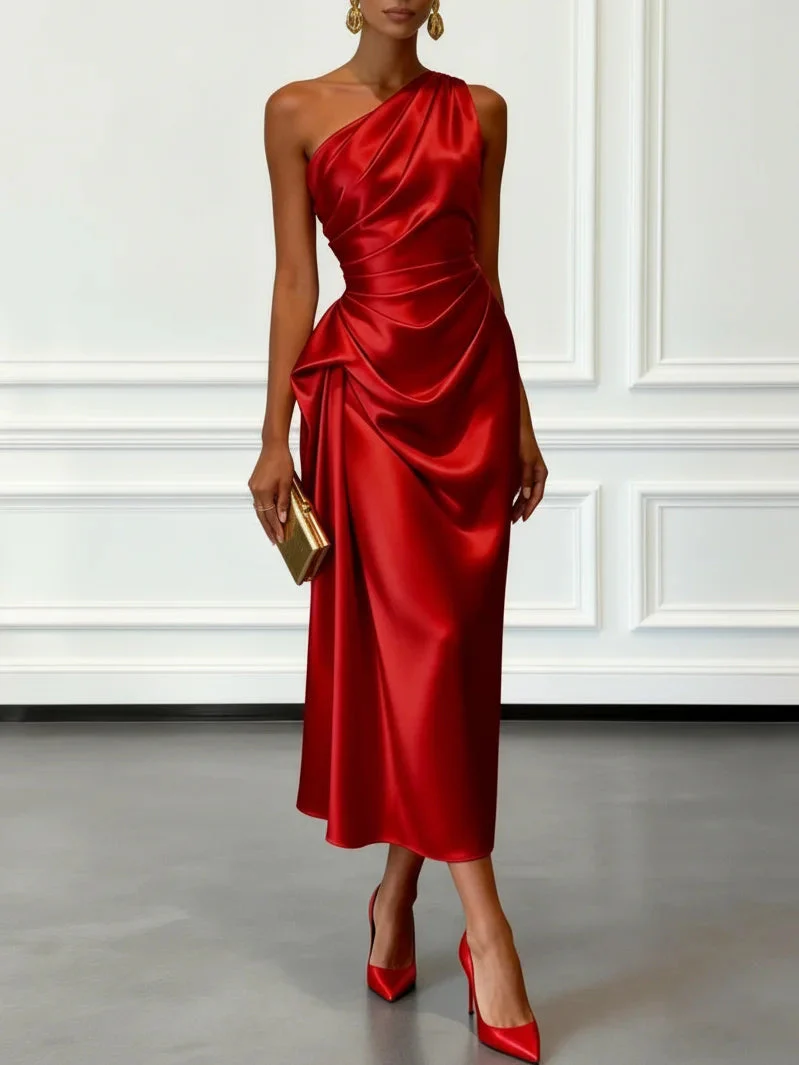 Sleeveless One Shoulder Satin Midi Occasion Dress - Image 5
