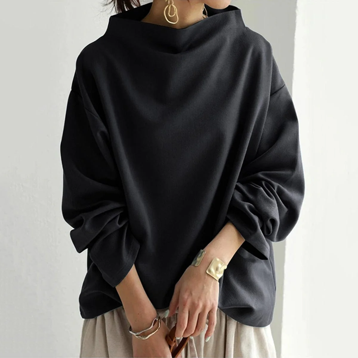 Soft Knit High Neck Top with Relaxed Fit - Image 4