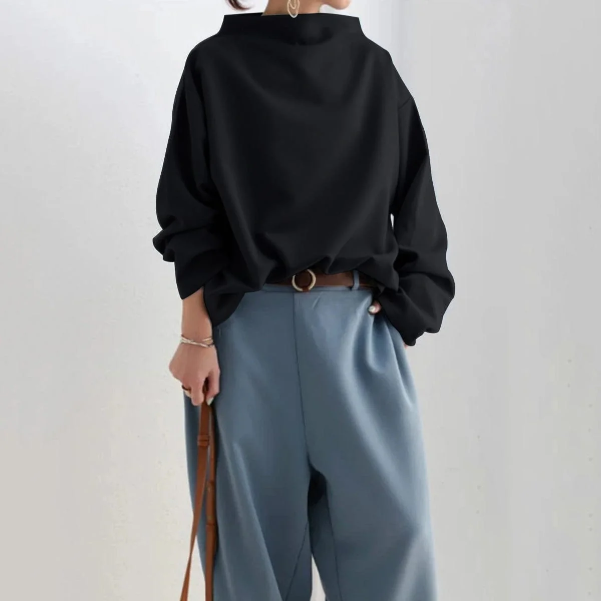 Soft Knit High Neck Top with Relaxed Fit - Image 7